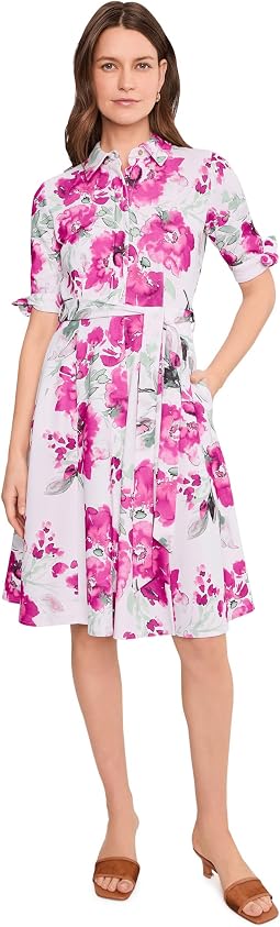 Short Sleeve Scuba Crepe Self Tie Floral Shirt Dress