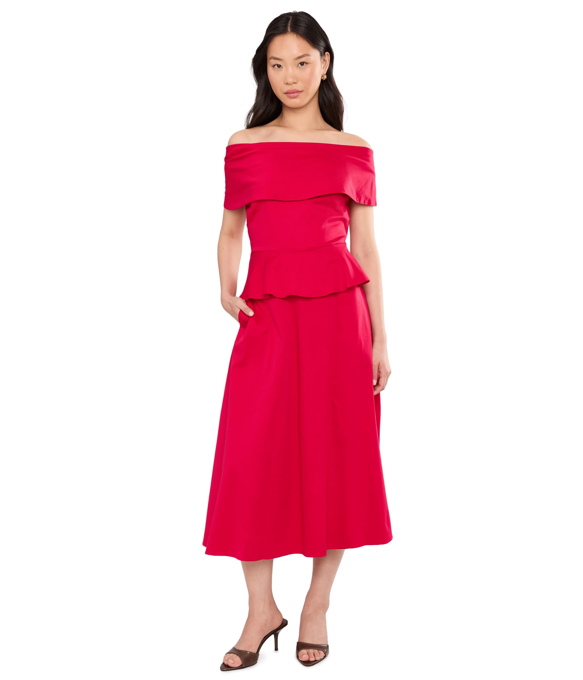 Off-the-Shoulder Dropwaist Cotton Midi