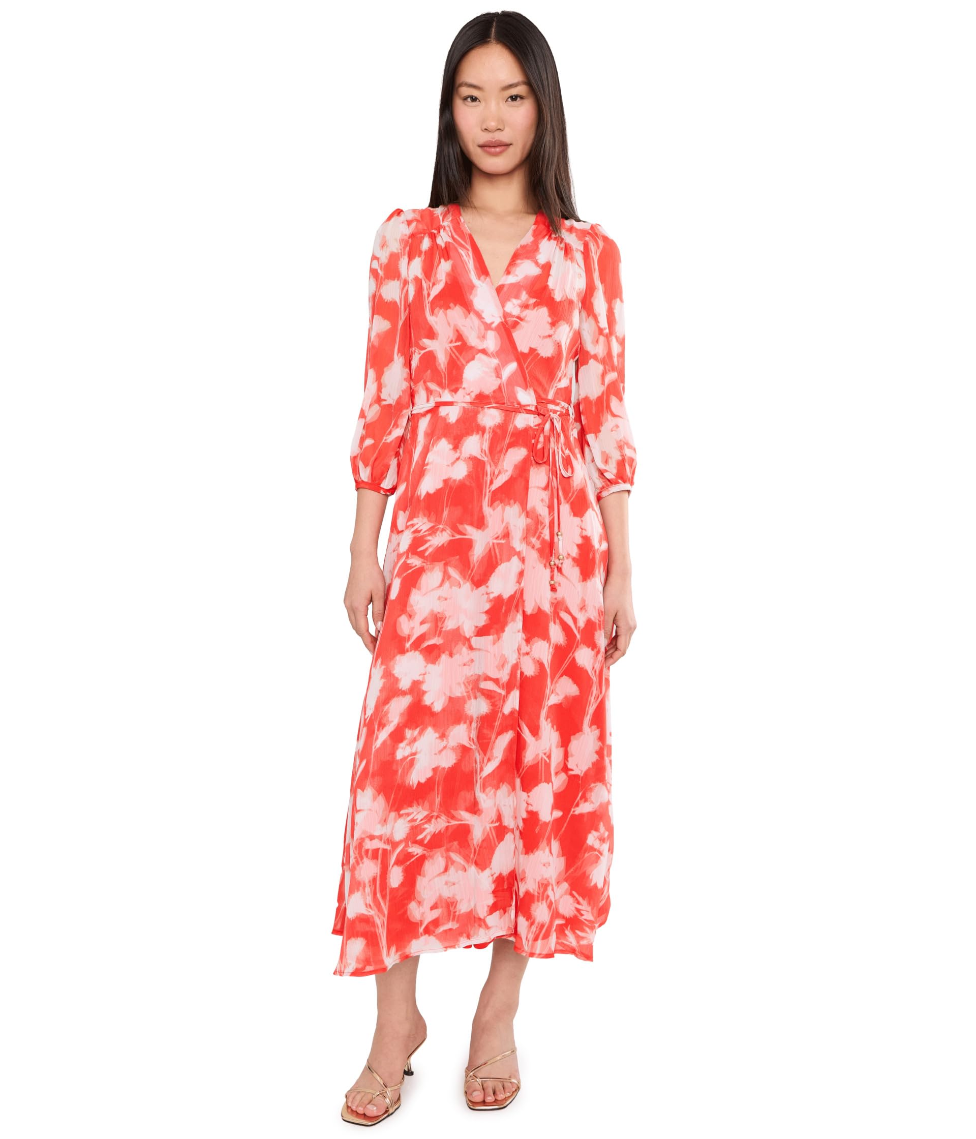 Long Sleeve Floral Chiffon Self Tie Midi