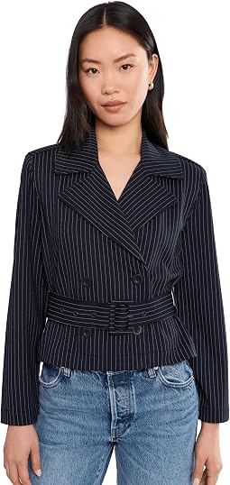 Petite Cropped Pinstripe Trench Jacket With Belt