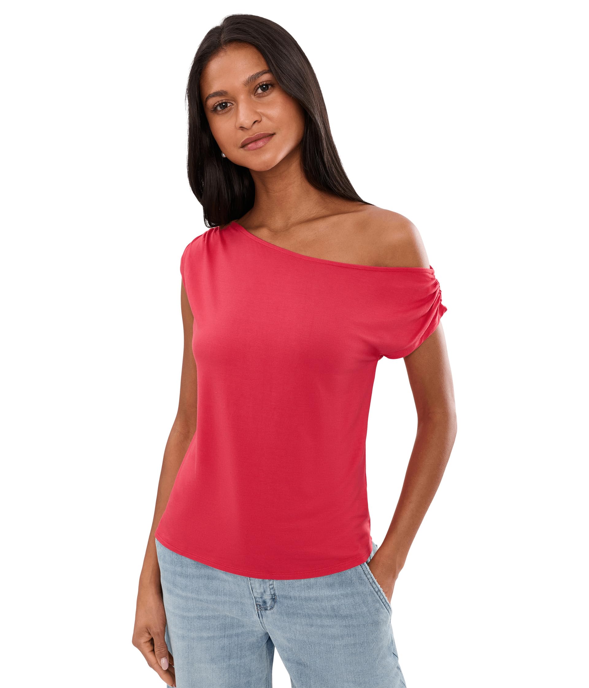 Женский трикотажный топ Petite Short Sleeve Asymmetric Off-Shoulder