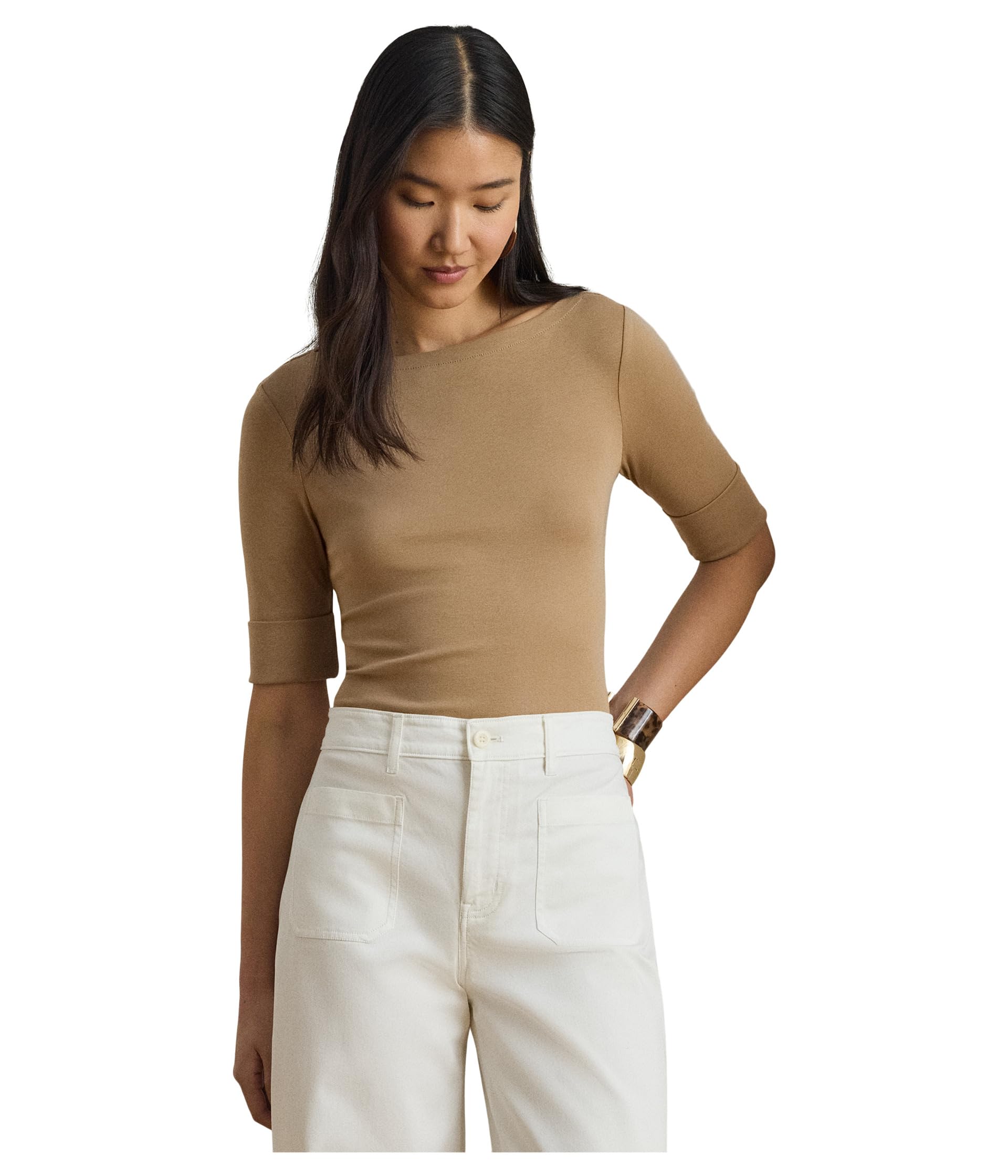 Petite Stretch Cotton Boatneck Tee