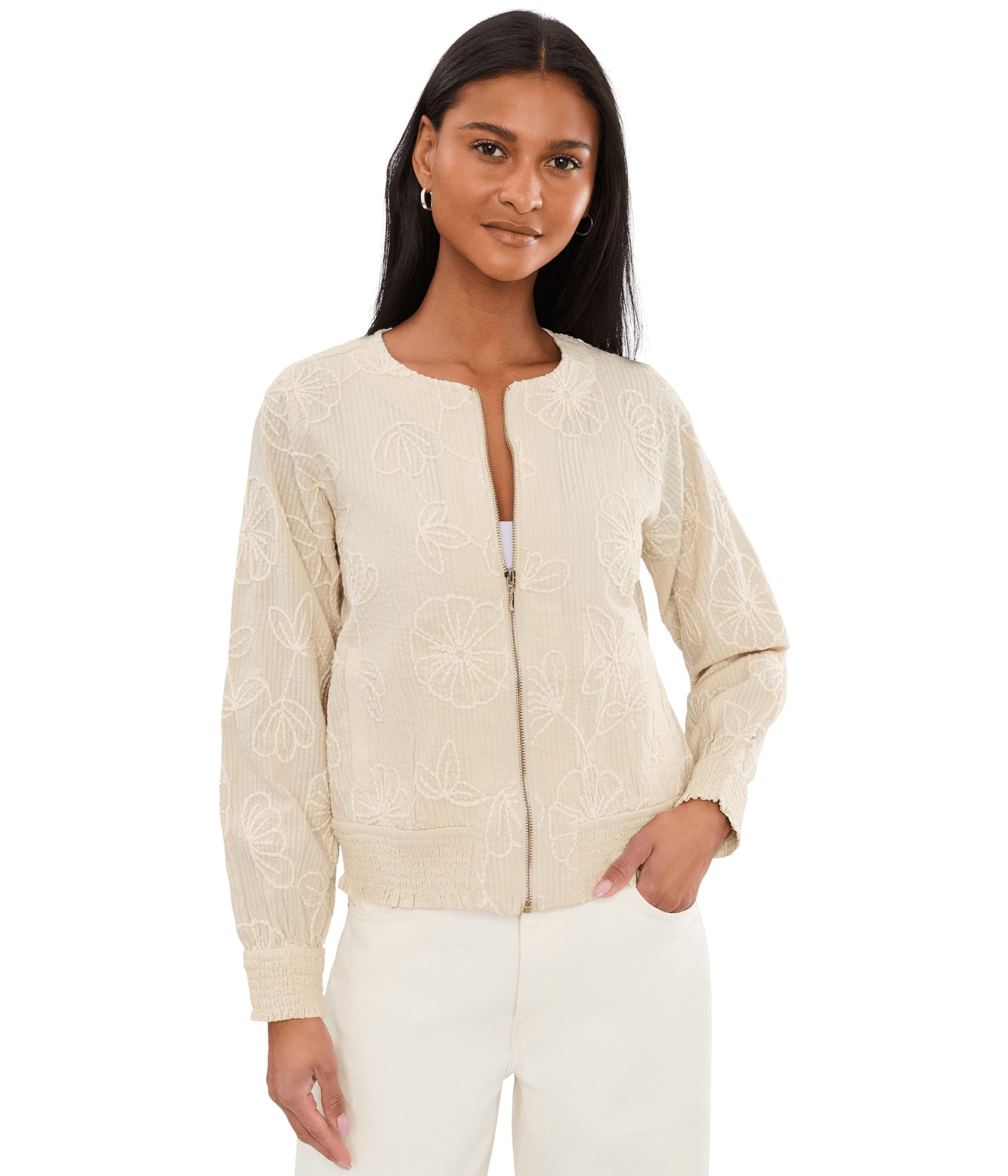 Petite Long Sleeve Collarless Jacket with Smocking