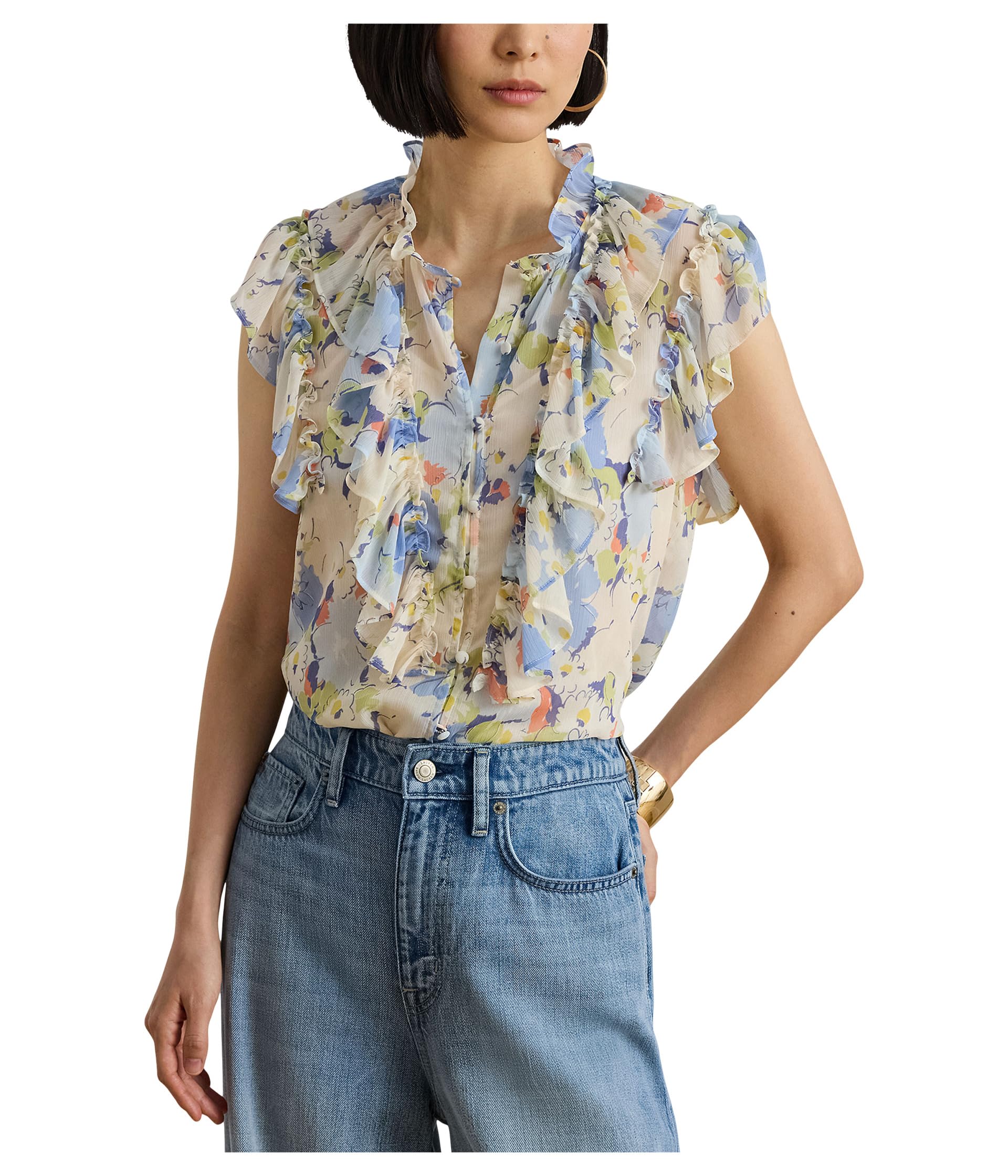 Floral Ruffle-Trim Georgette Shirt