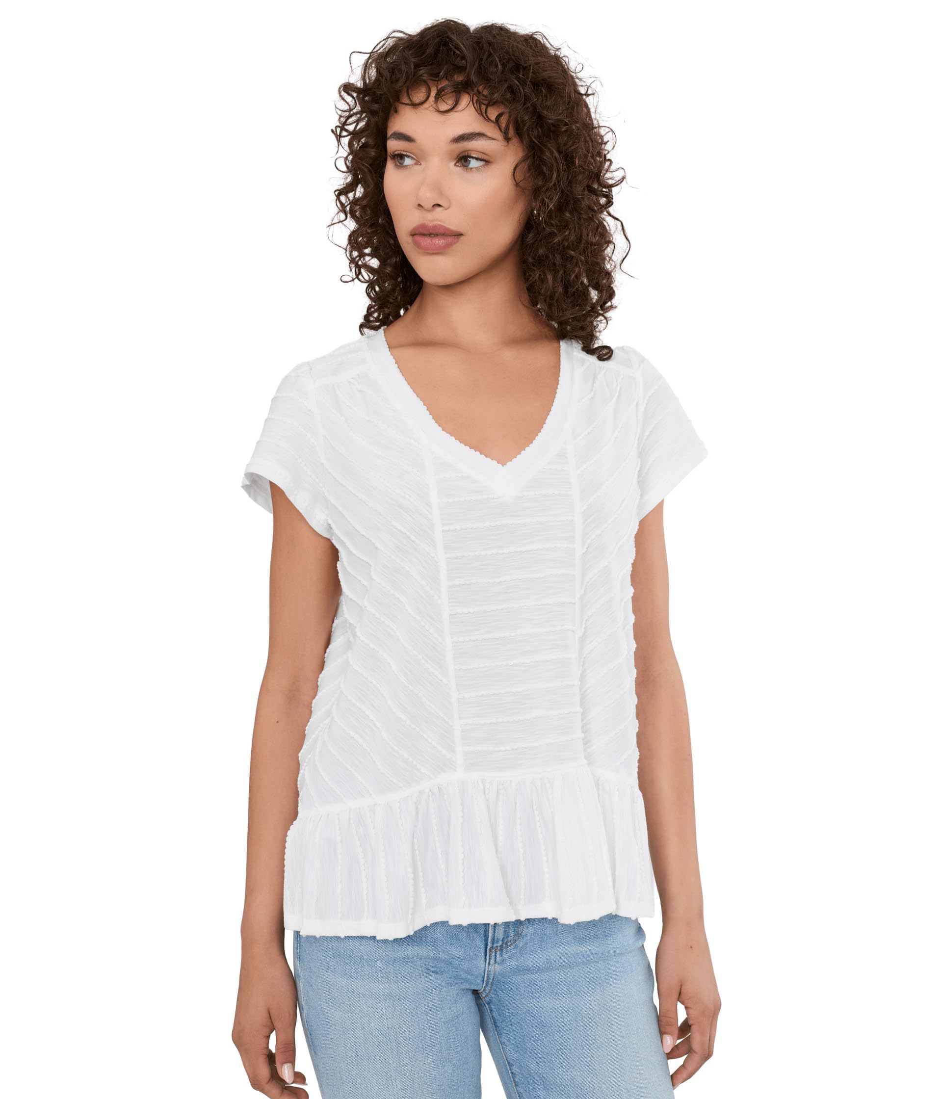 Short Sleeve V-Neck Knit Top with Miter Detail