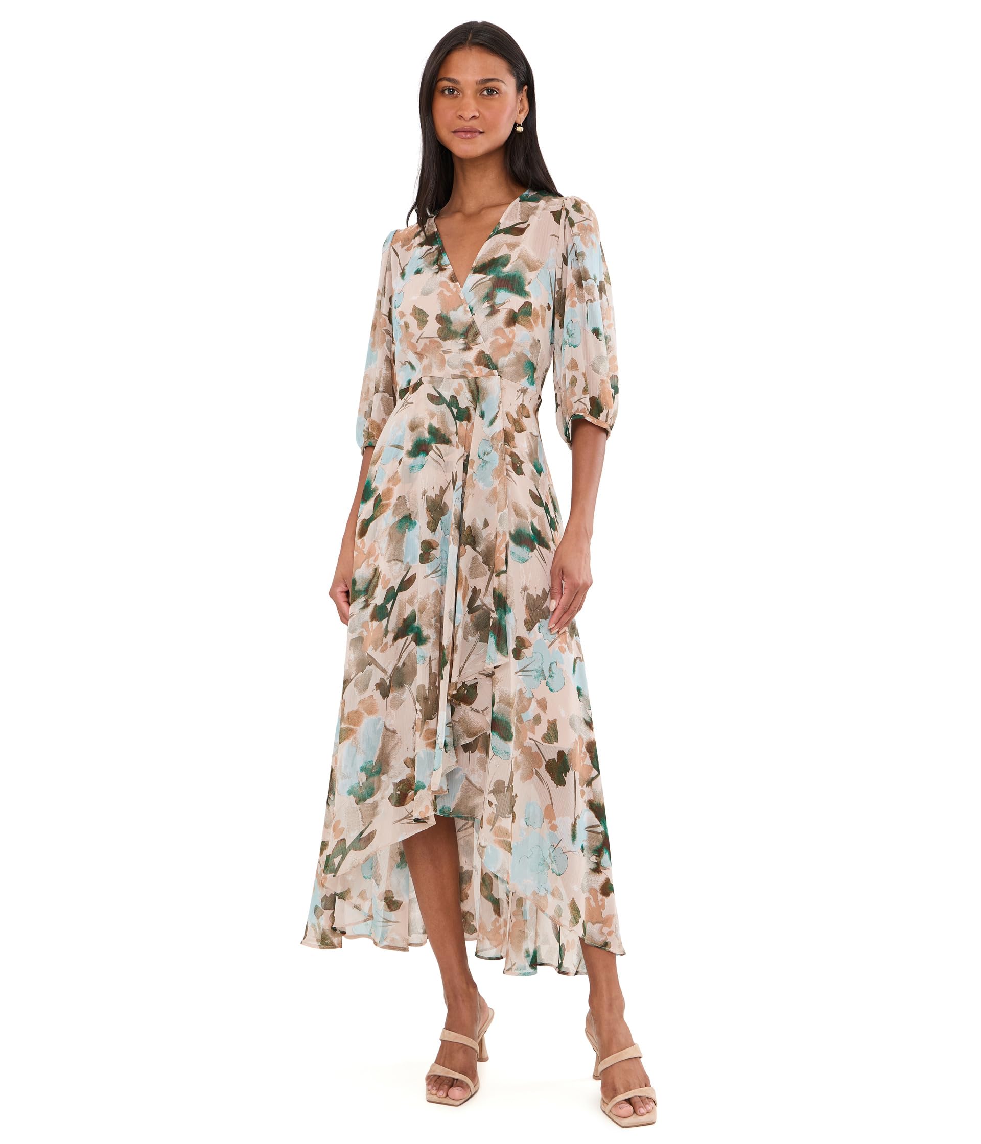 3/4 Sleeve Floral Chiffon High-Low Midi