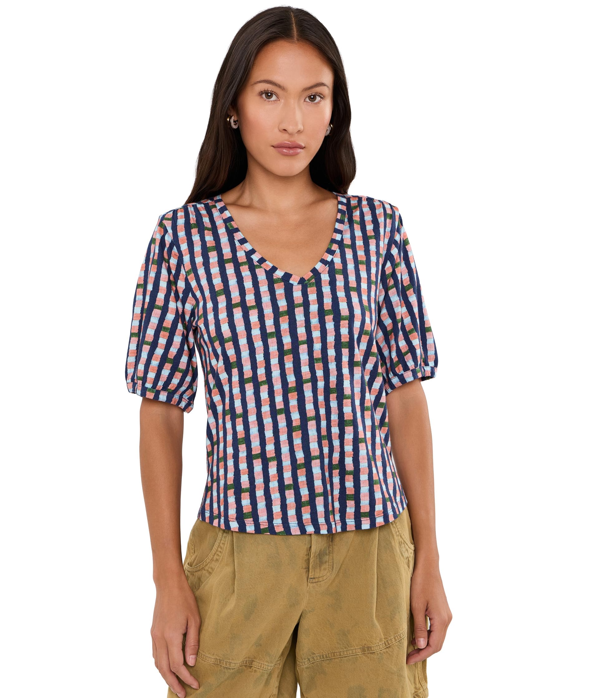 Женский трикотажный топ NIC+ZOE Petite NZT Elbow Sleeve Reef Stripe V-Neck