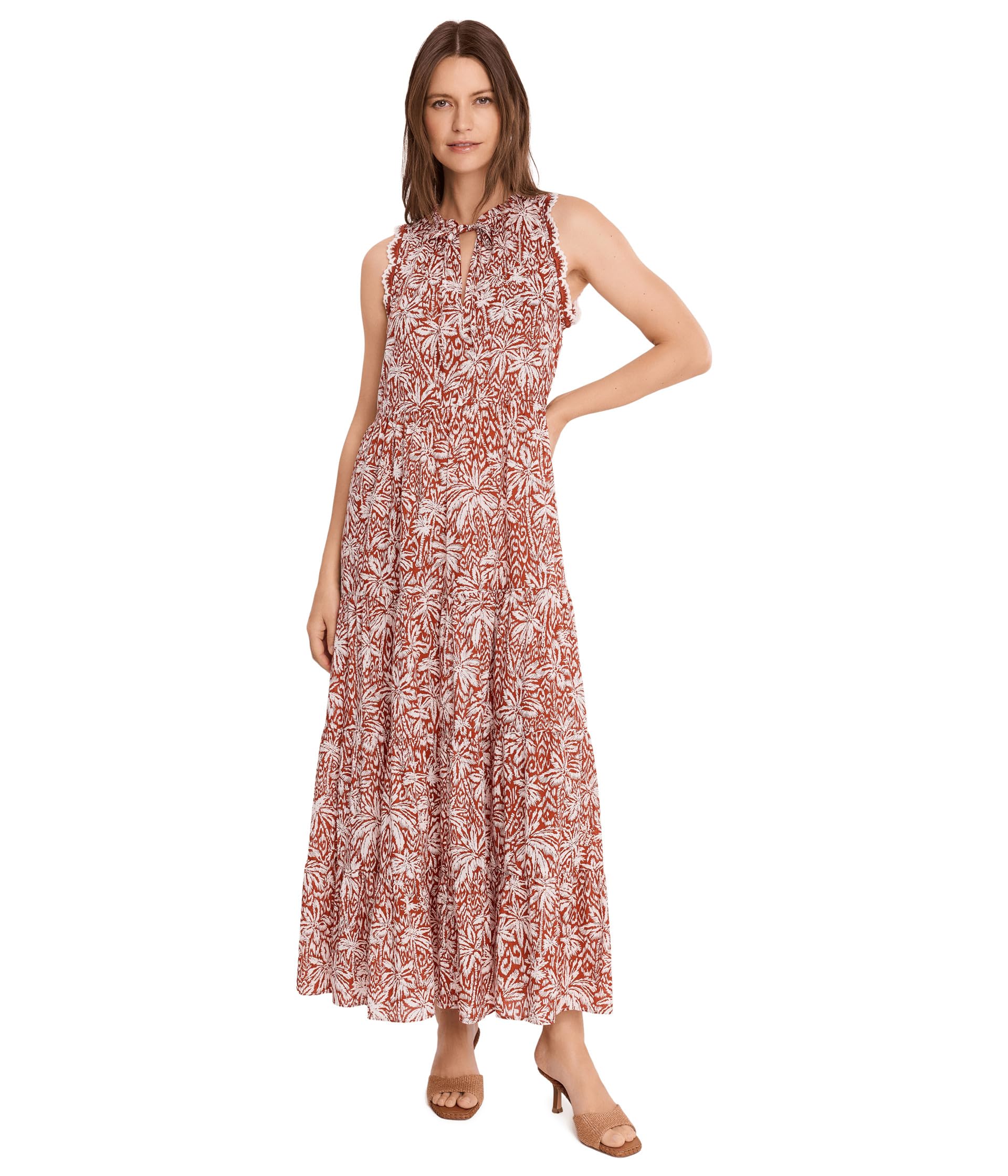 Женское многоярусное макси платье без рукавов с кружевной отделкой