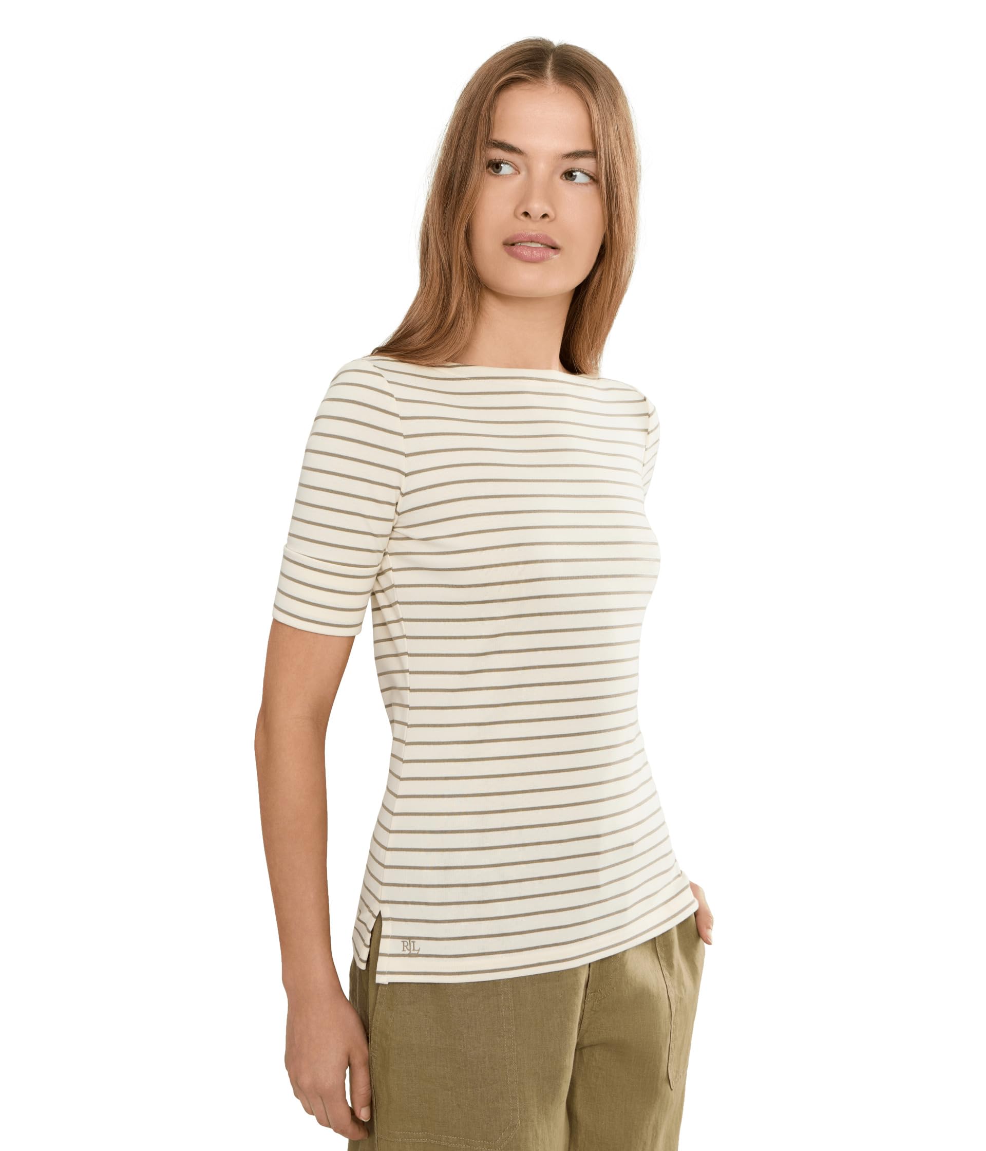 Petite Striped Stretch Cotton Boatneck Tee