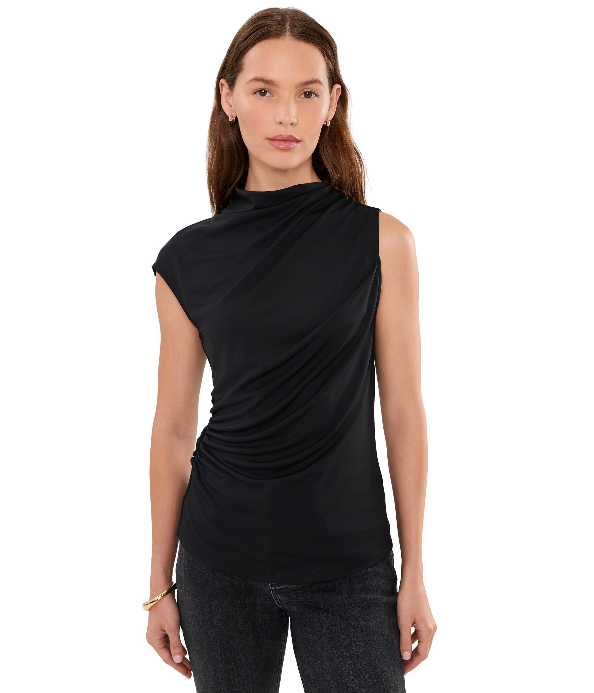 Shirred Stretch Jersey Mock Neck Top