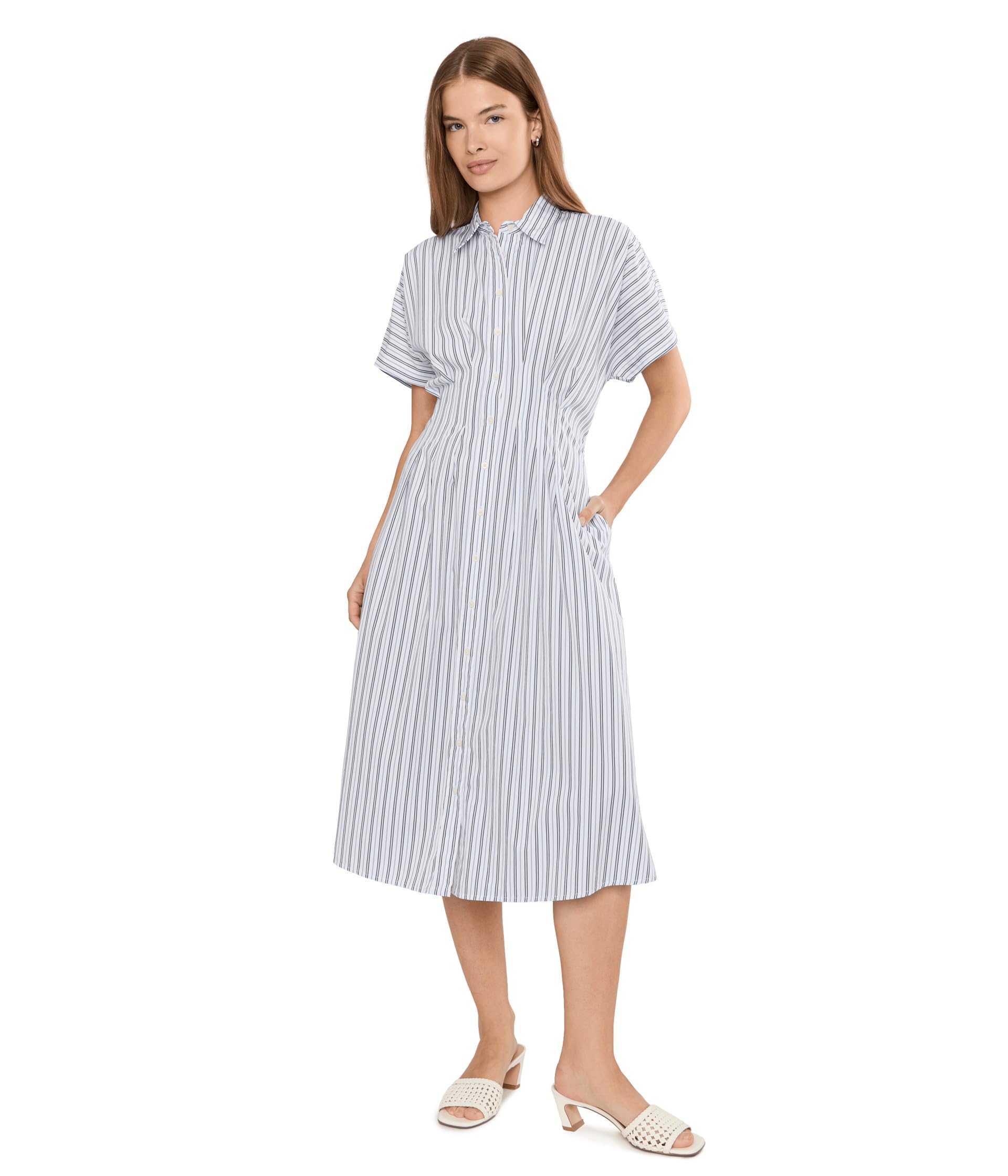 Petite Striped Pleated Broadcloth Shirtdress