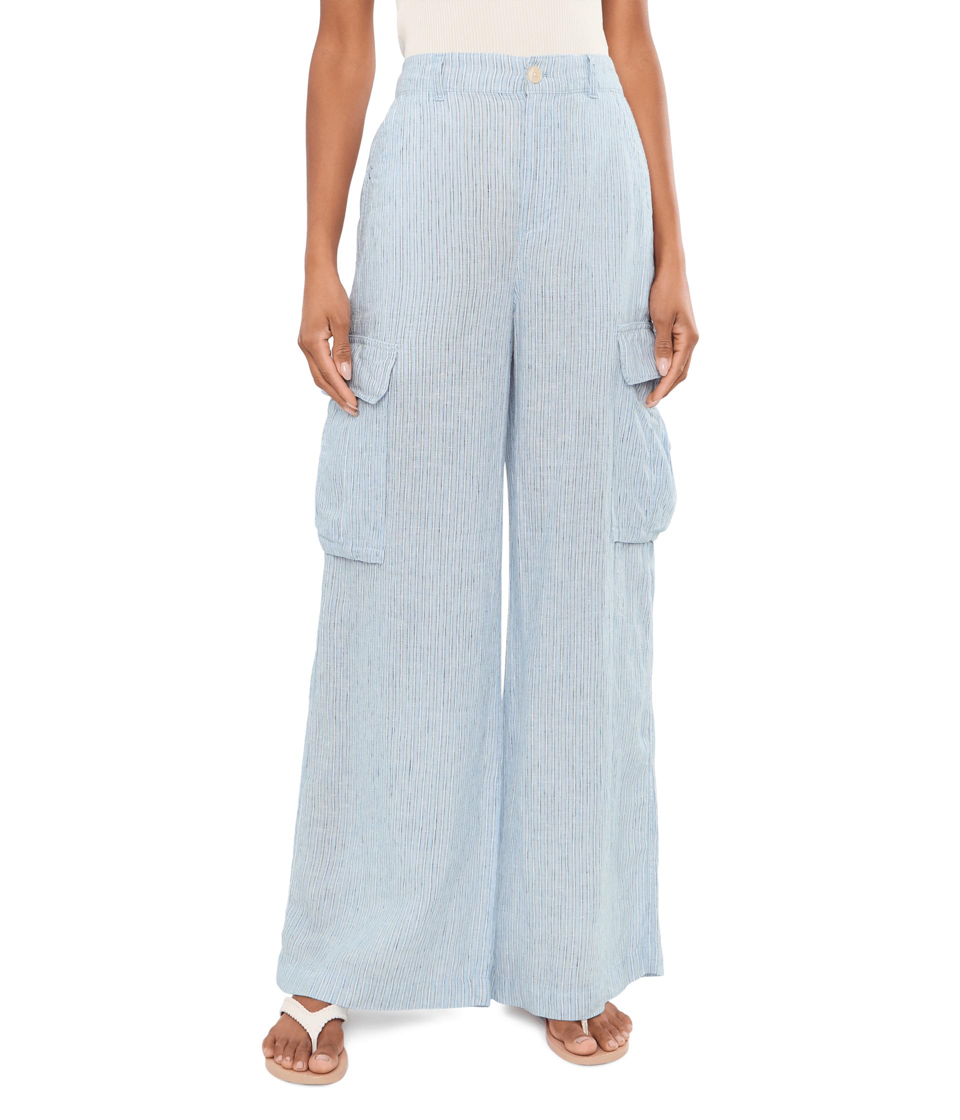 Pinstripe Linen Wide-Leg Cargo Pants