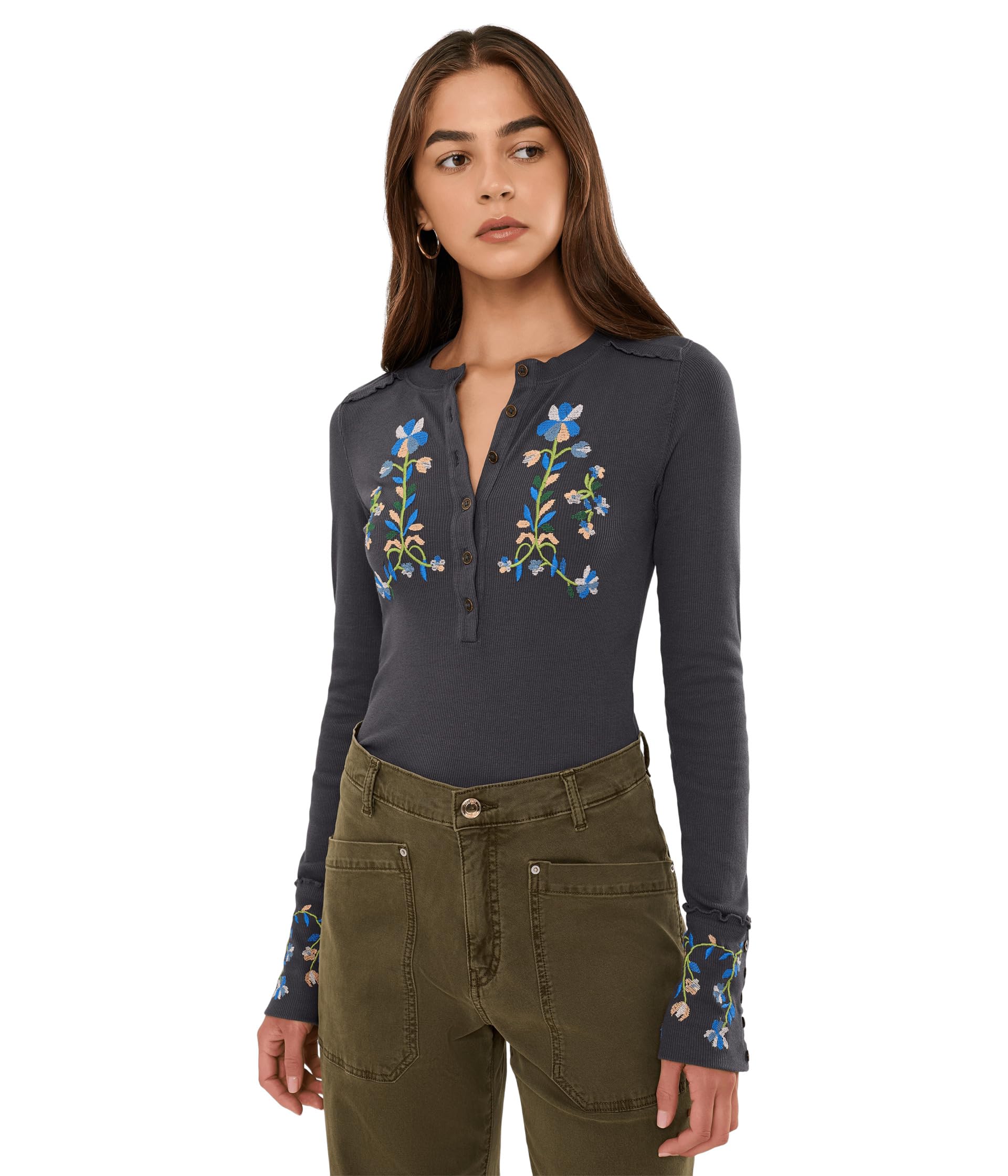 Fleur Embroidered Cuff Henley