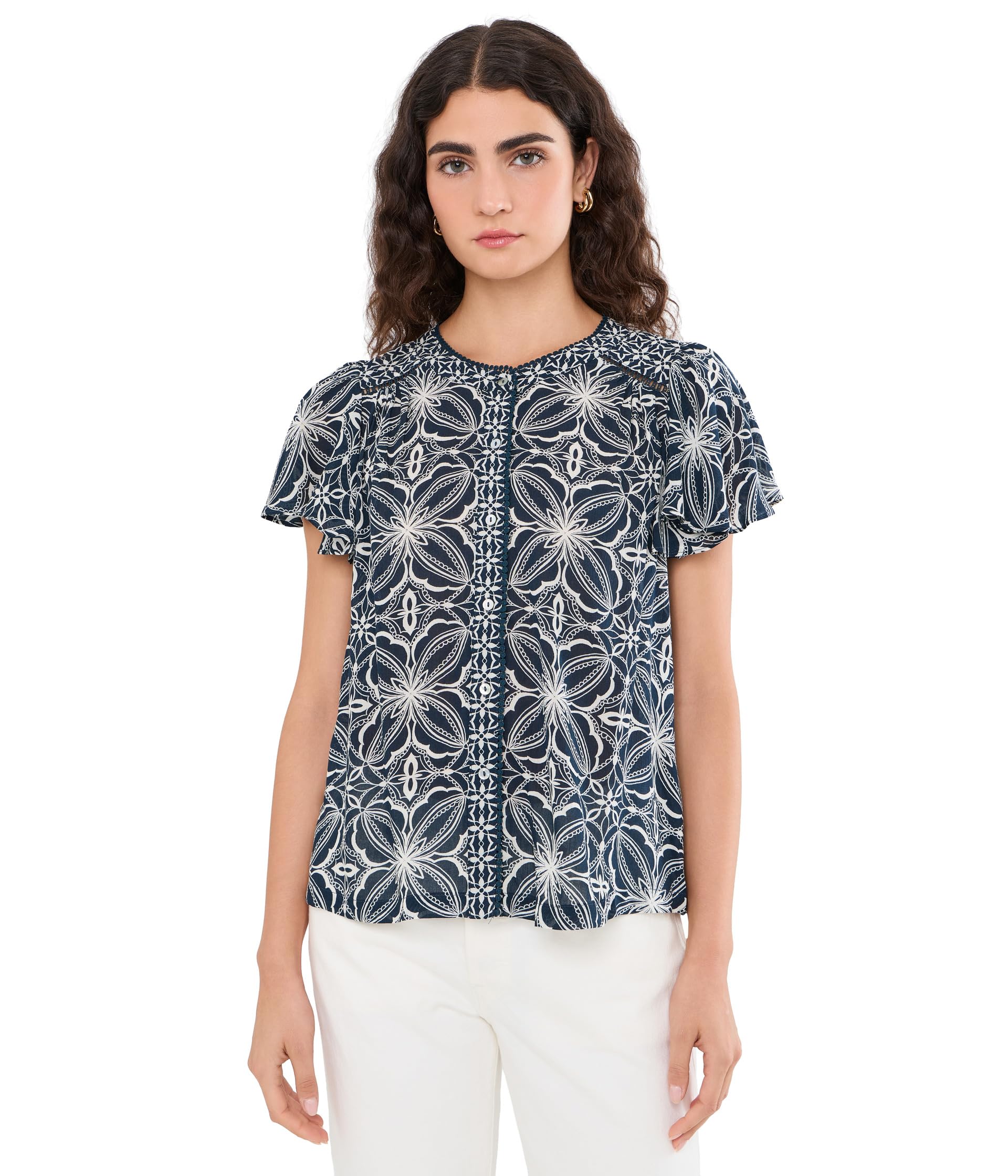 Женский топ Flutter Sleeve Mix Print Button Front Woven