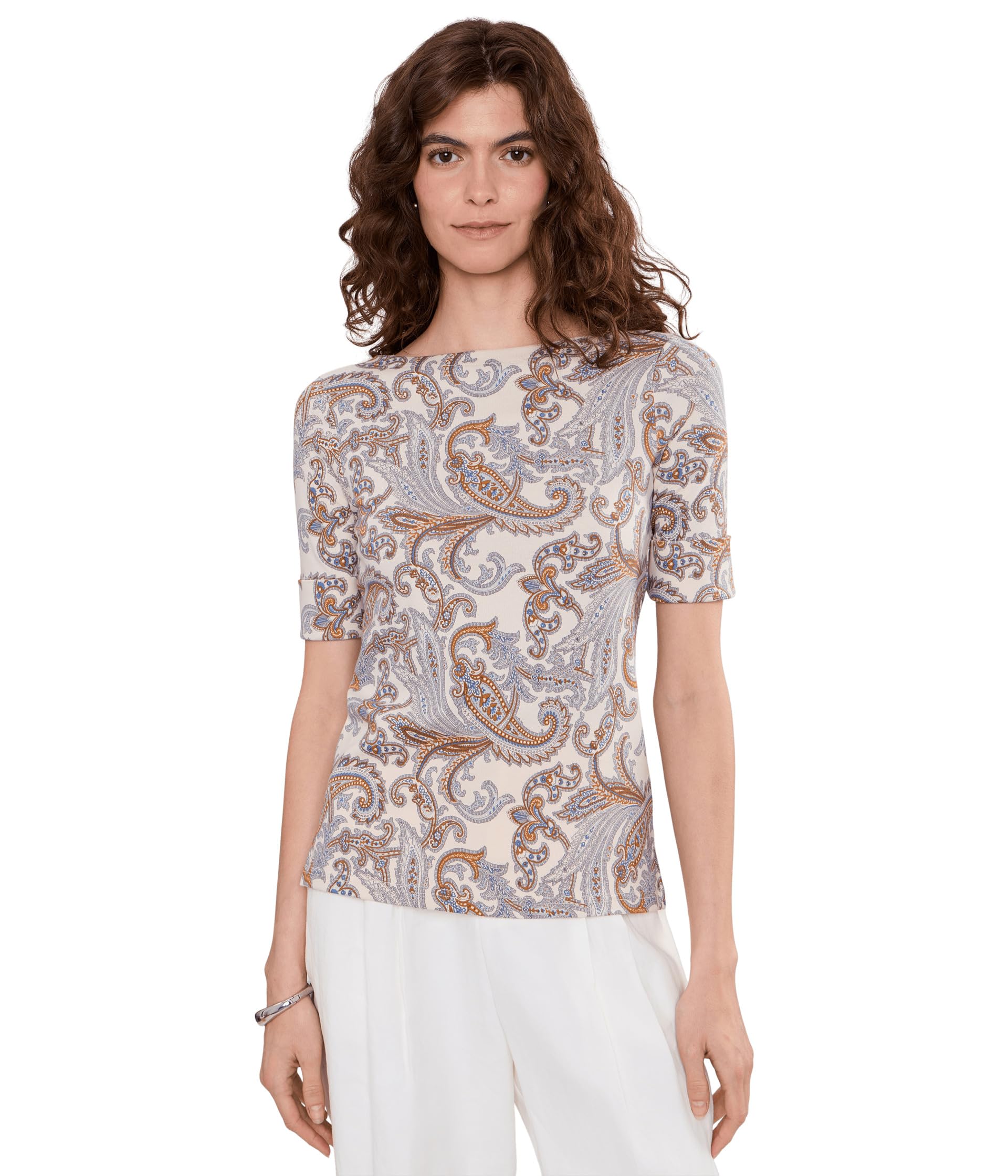 Paisley Stretch Cotton Boatneck Tee