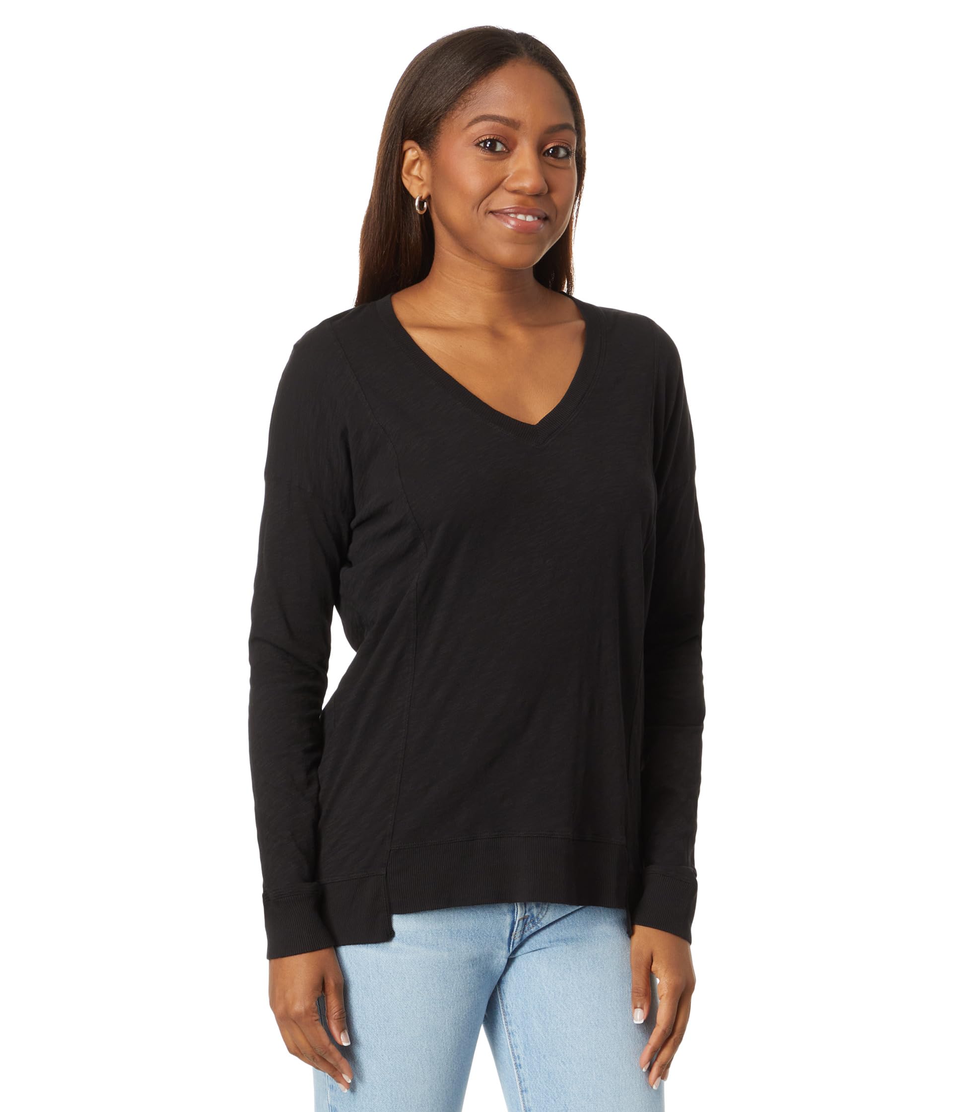 V-Neck Long Sleeve Princess Seam Rib Mix Tee