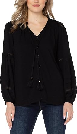 Long Sleeve Popover Shirred Blouse