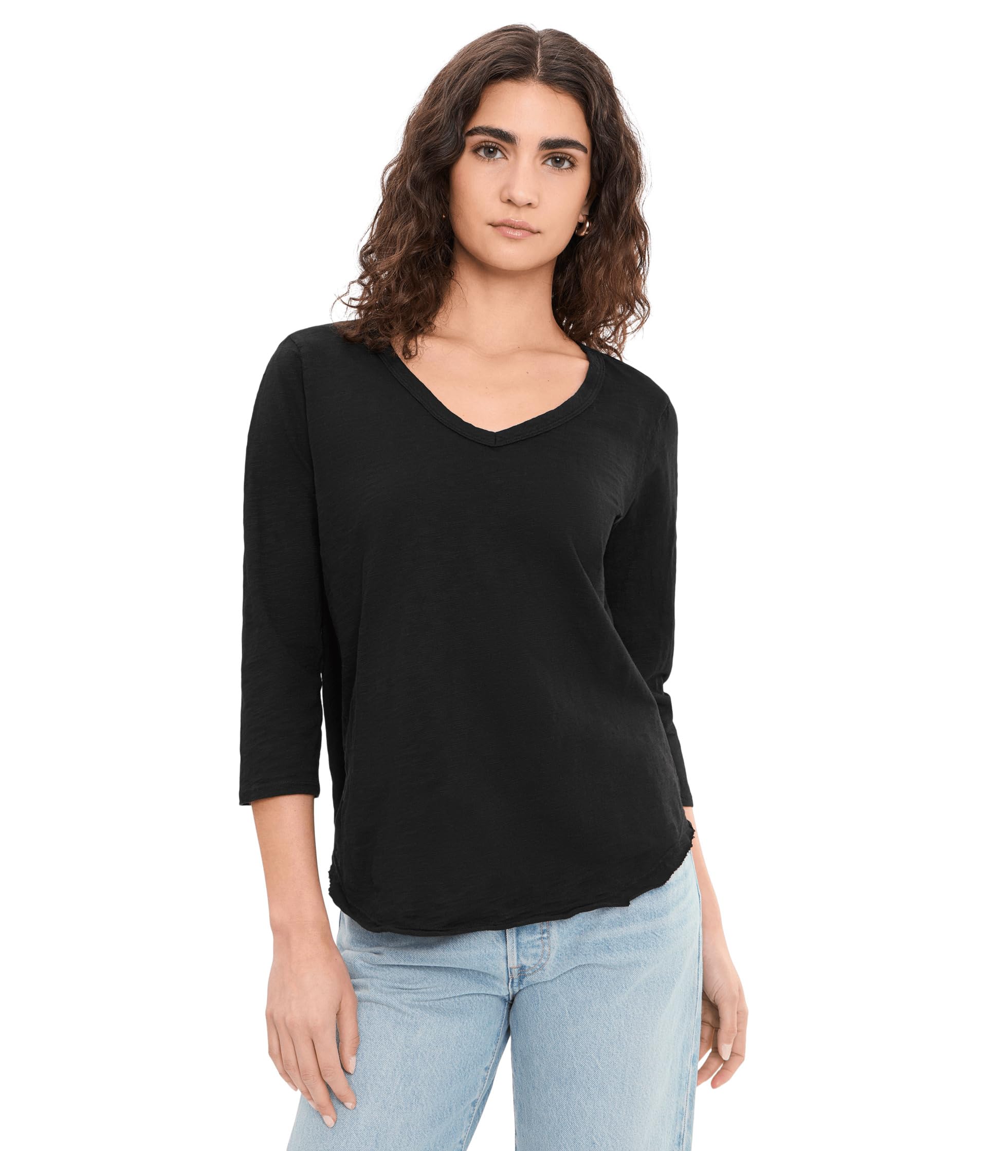 3/4 Sleeve V-Neck Tee with Curved Hem