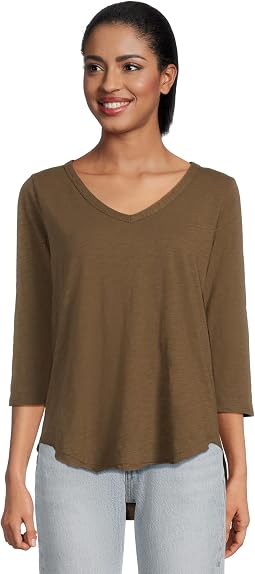 3/4 Sleeve V-Neck Tee with Curved Hem
