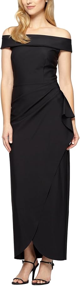 Женское платье с открытыми плечами Long Stretch Scuba Off The Shoulder Dress с каскадными рюшами