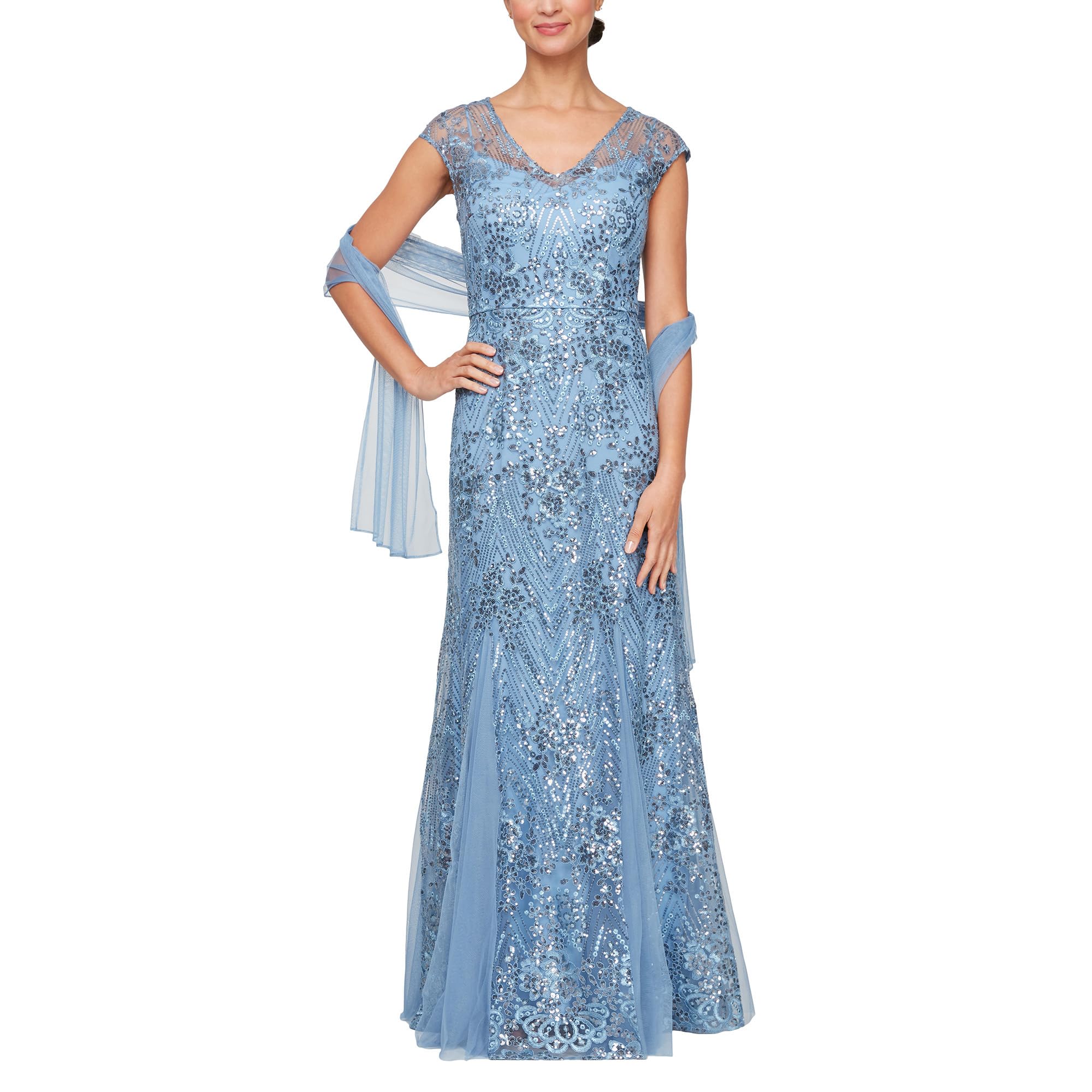 Long Embroidered Fit and Flare Gown
