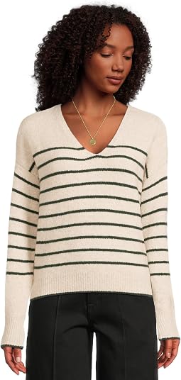 Stripe V-Neck Cozy Cotton Wedged Pullover