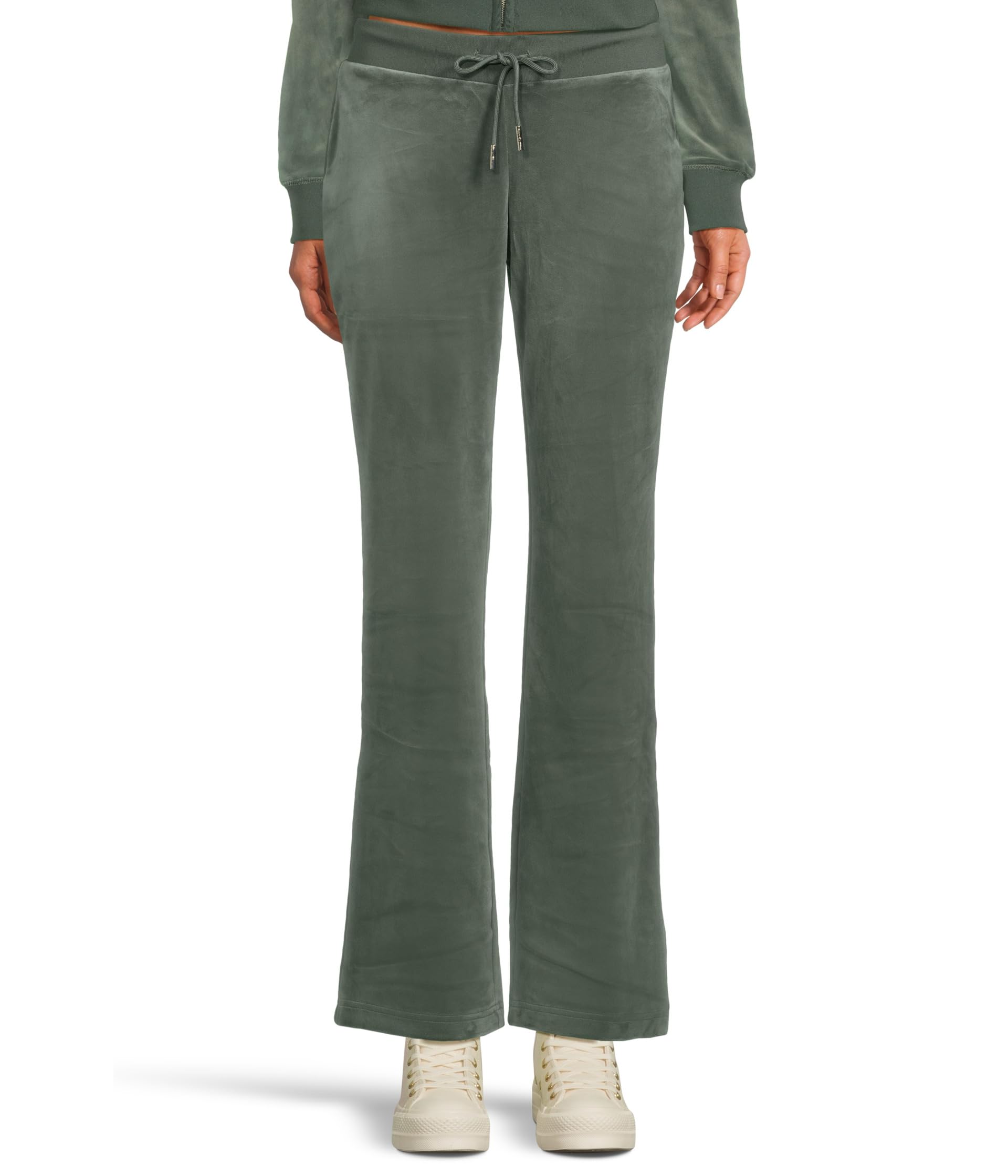 Solid Rib Waist Velour Pants With Drawcord