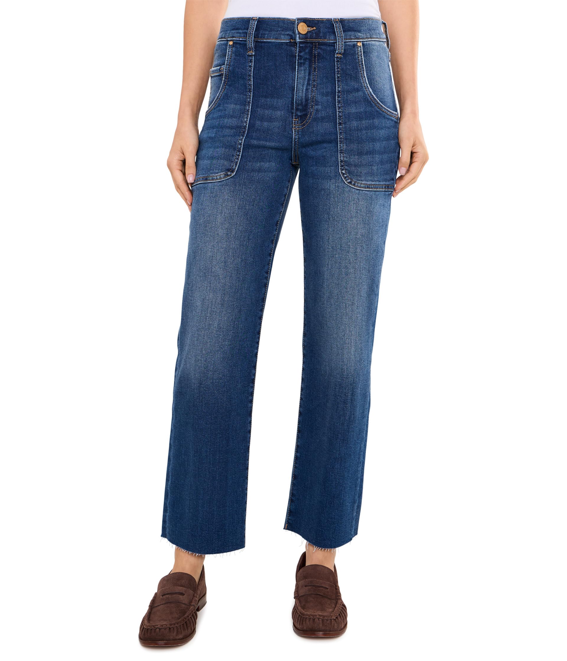 Avery High-Rise Porkchop Pocket Easy Straight Leg with Raw Hem in Fortune/Dark Base Wash