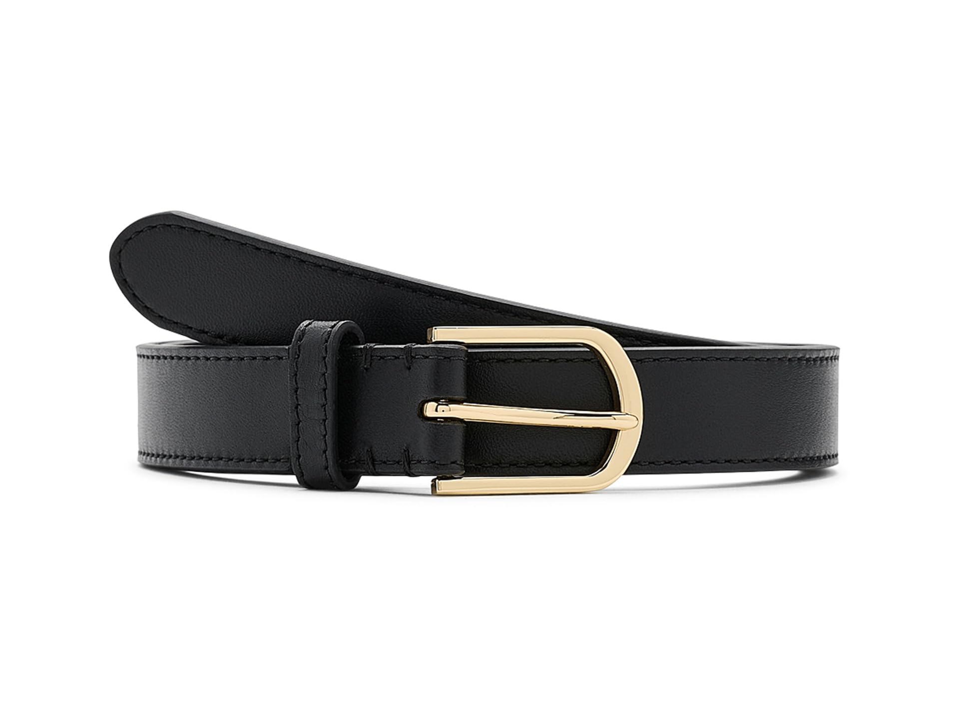 Rounded-Buckle Leather Skinny Belt
