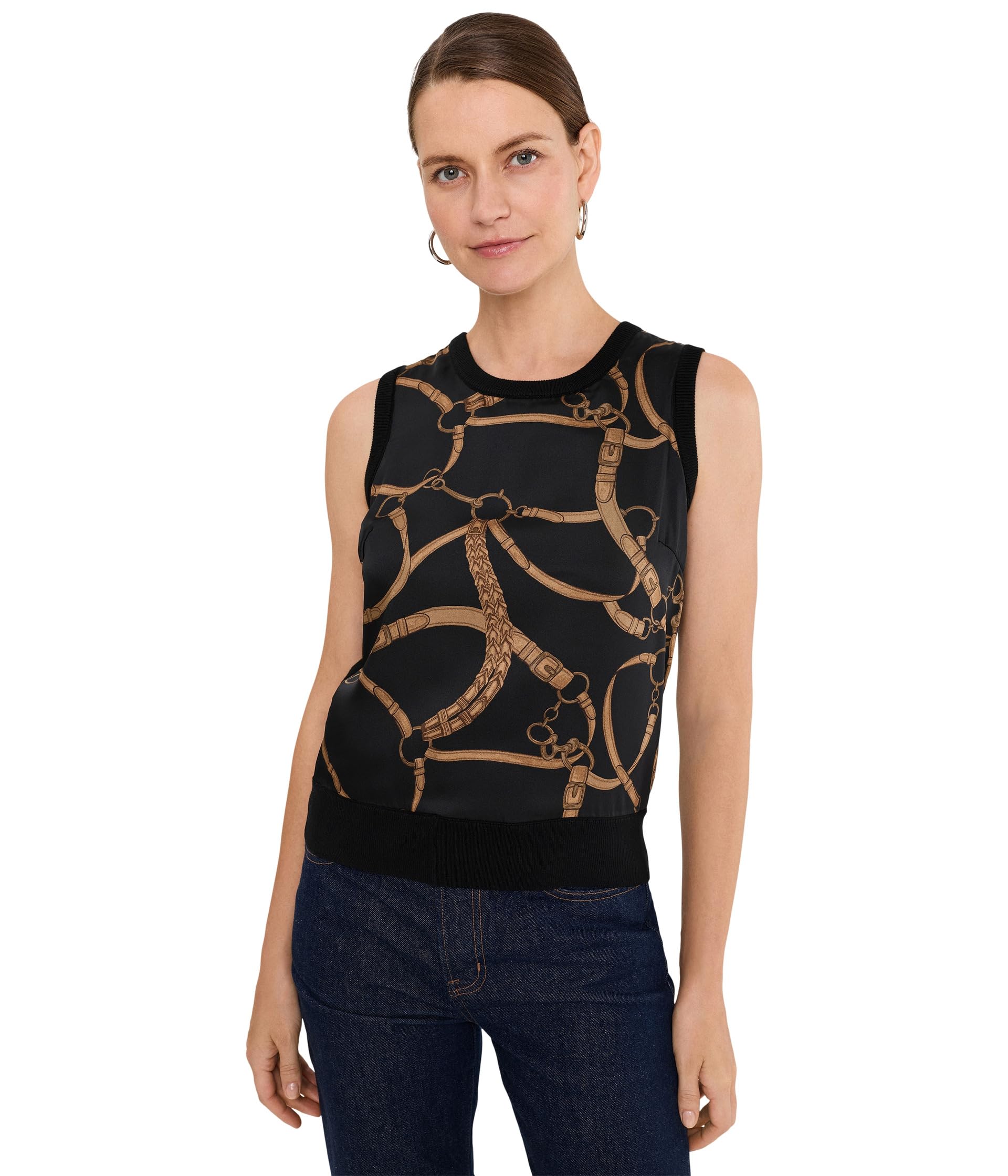 Belting-Print Sleeveless Sweater