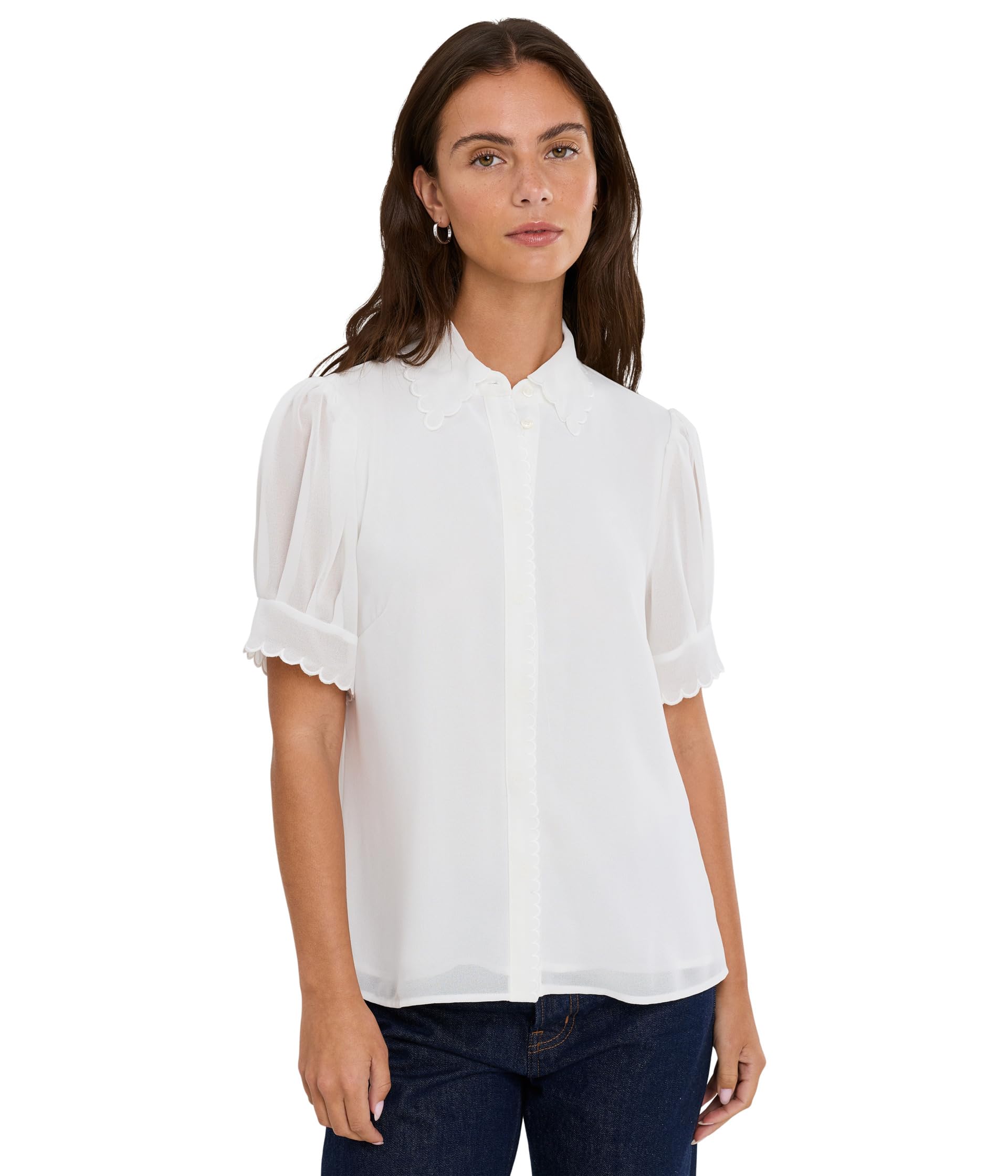 Short Sleeve Scallop Trim Button-Up Top