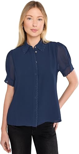 Short Sleeve Scallop Trim Button-Up Top