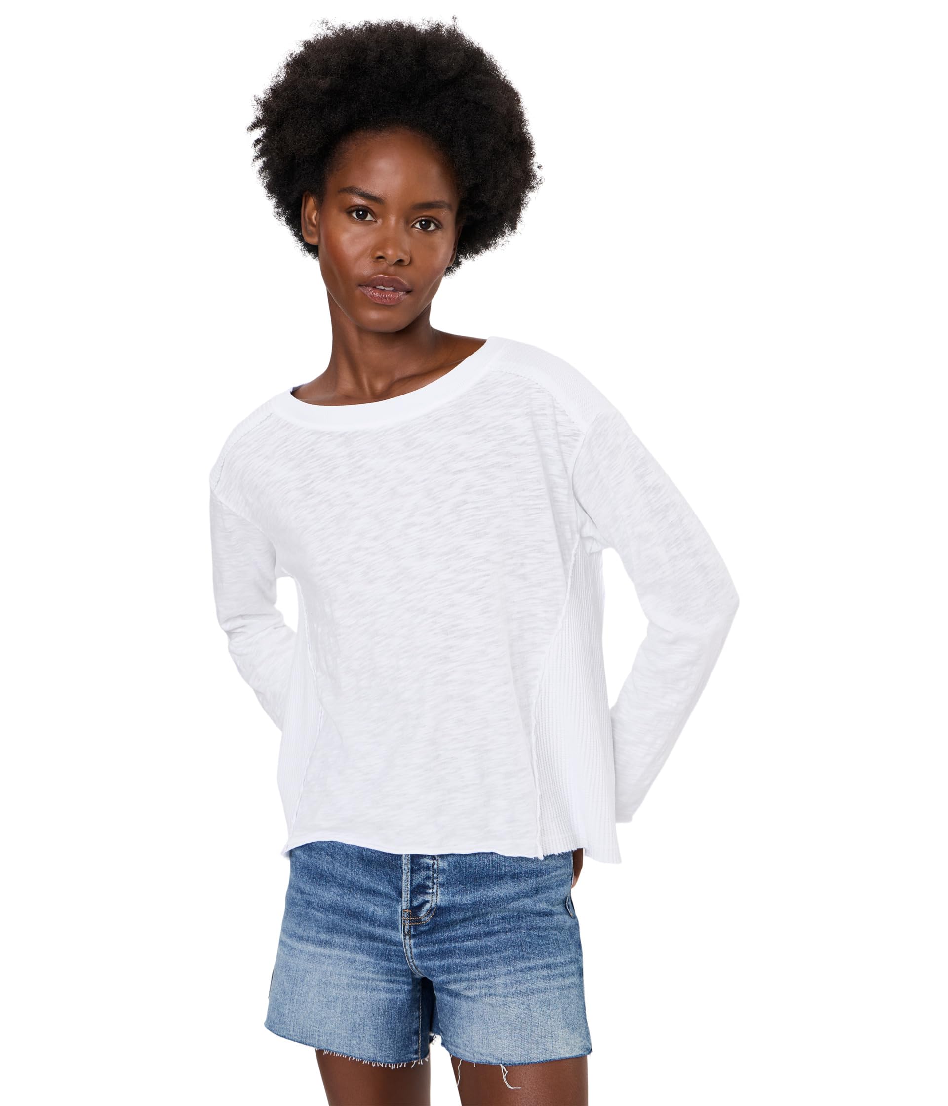 Long Sleeve Mix Media Jewel Neck Top