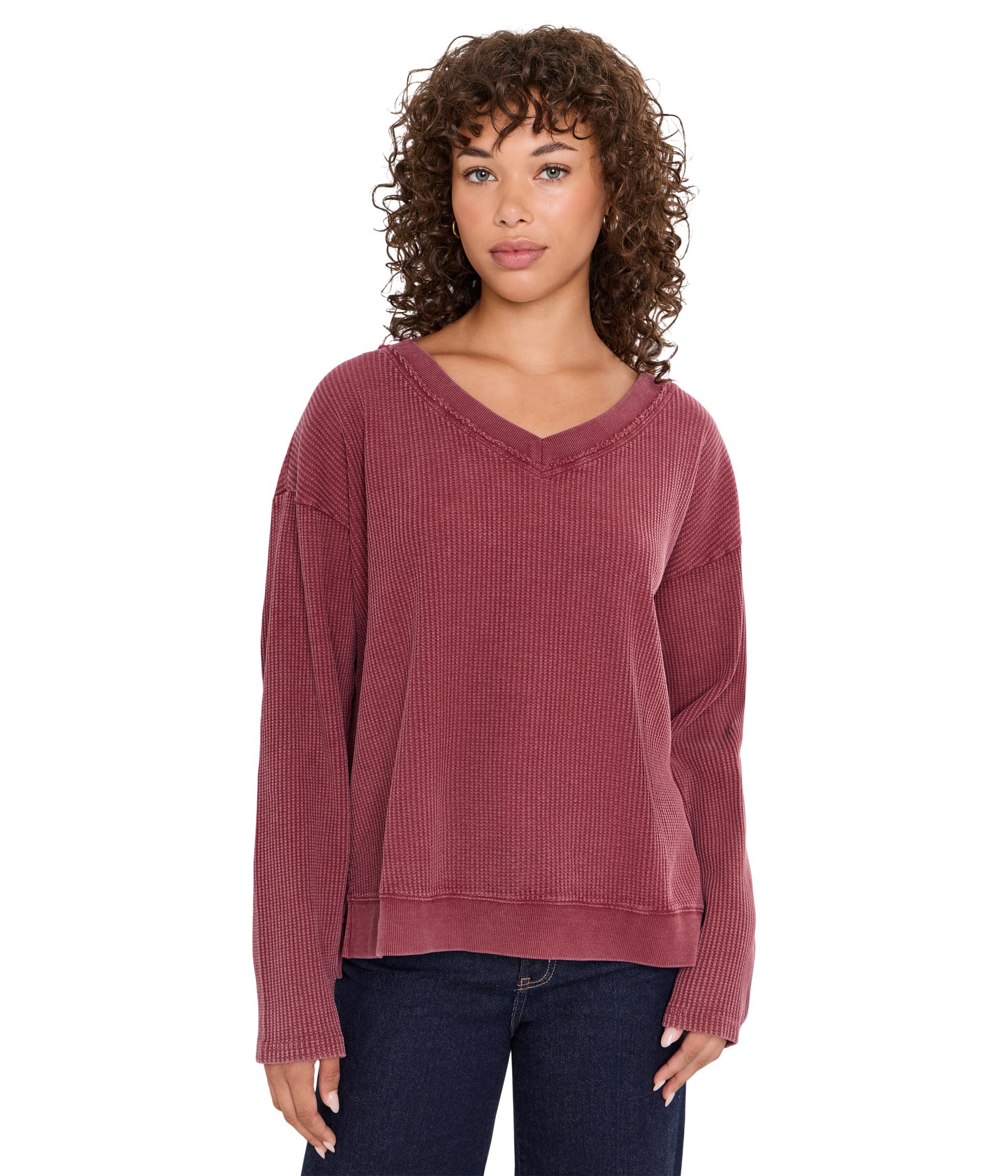 Long Sleeve V-Neck Waffle Texture Sweatshirt