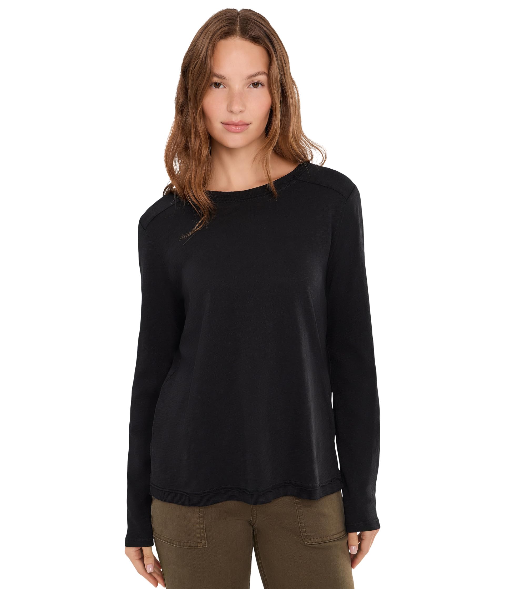 Garment Dye Tee, Long Sleeve Crew Neck with Rib Trim and Side Slit Detail