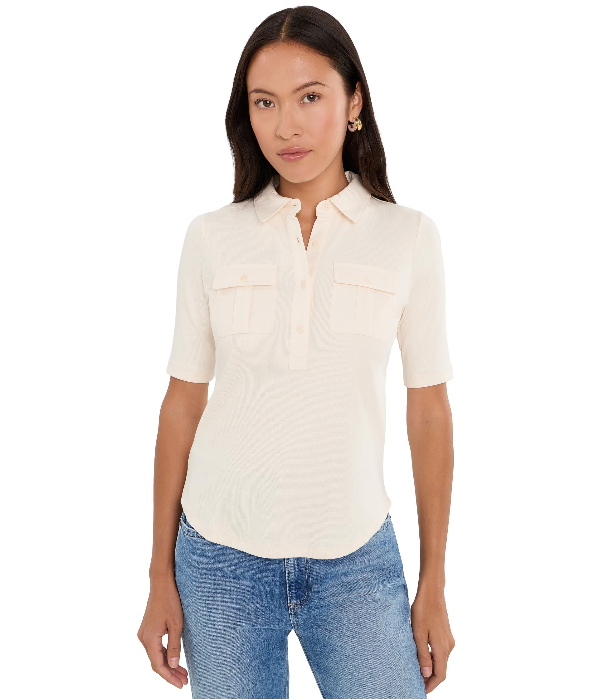 Petite Rib-Knit Elbow-Sleeve Collared Top
