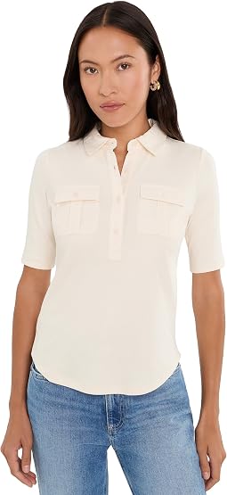 Petite Rib-Knit Elbow-Sleeve Collared Top