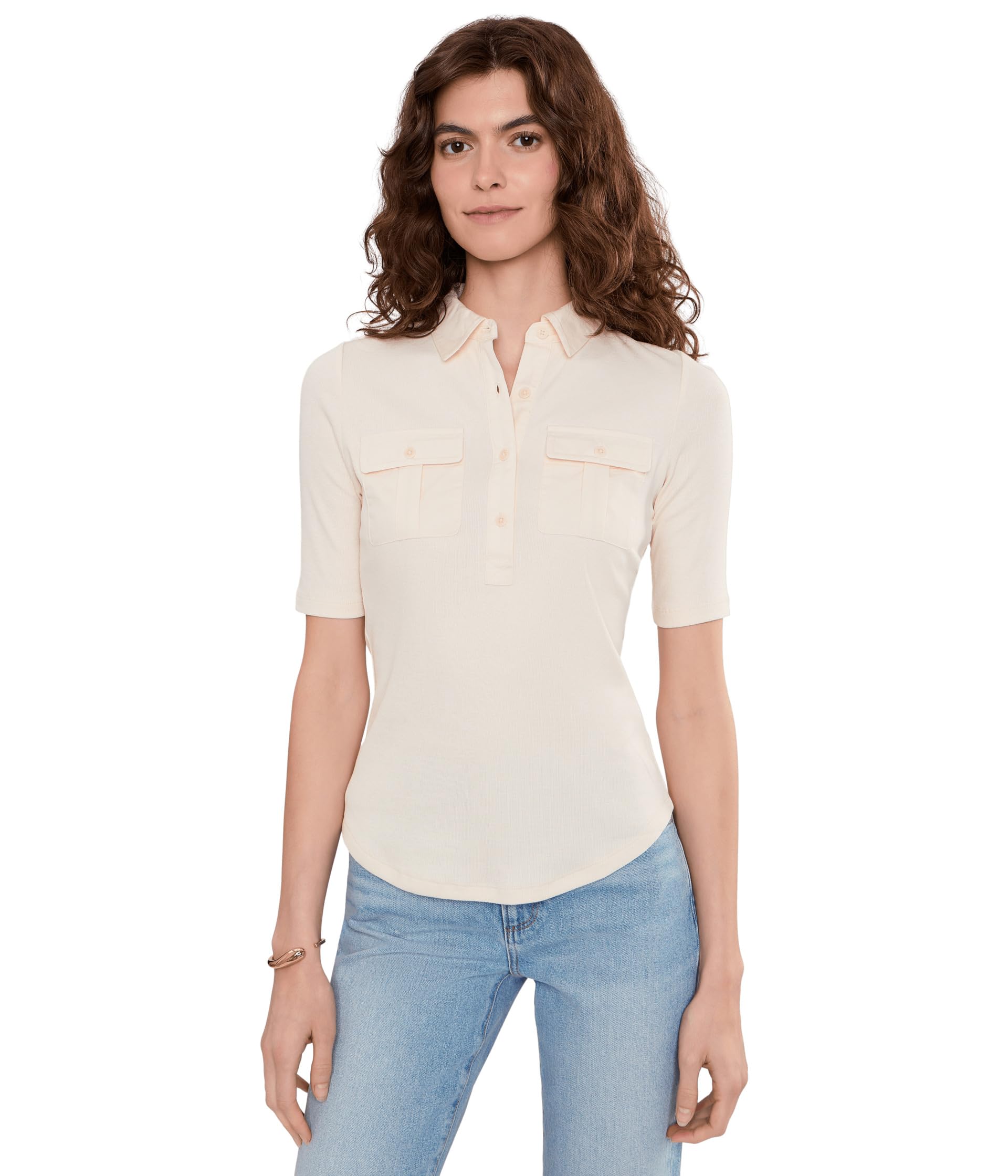Rib-Knit Elbow-Sleeve Collared Top