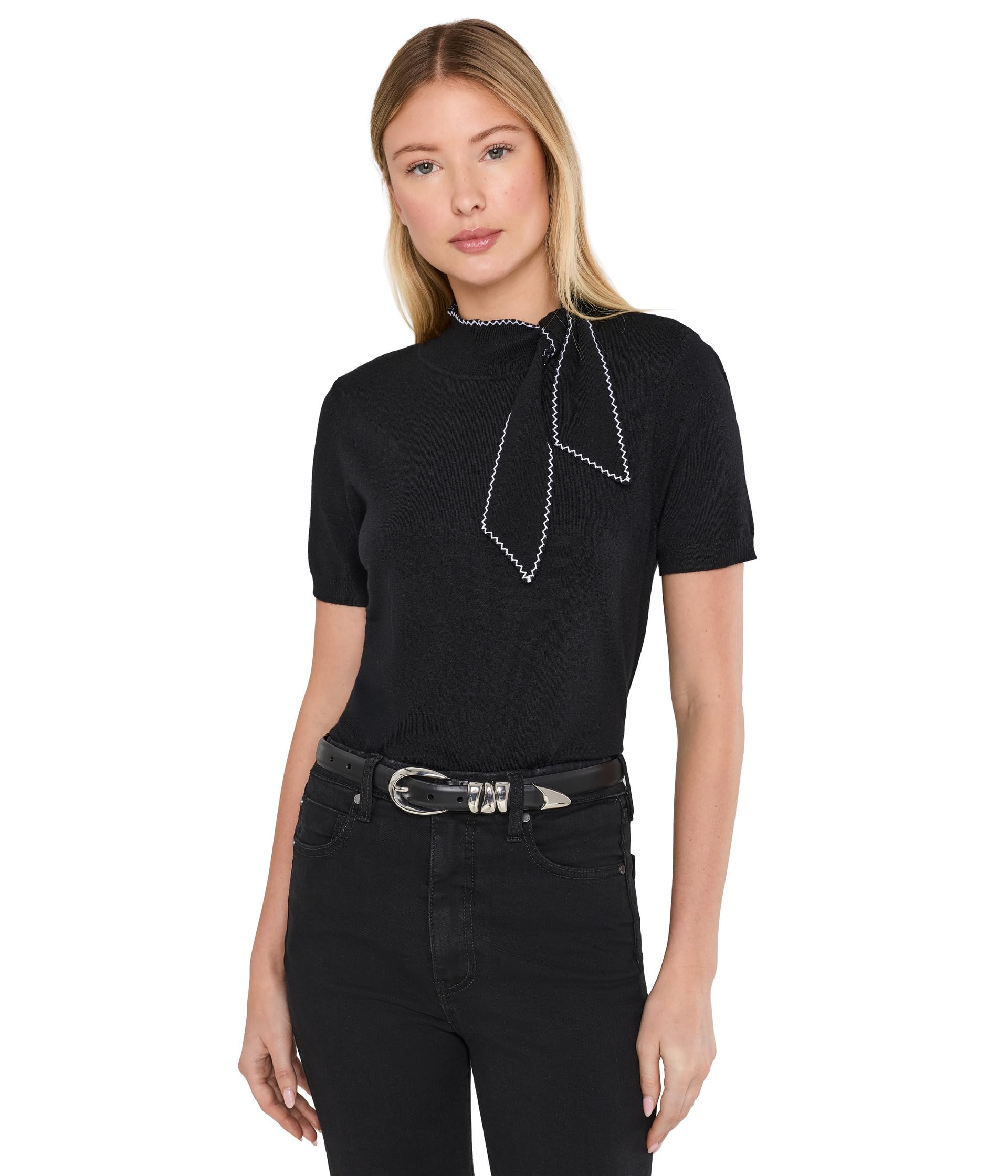Short Sleeve Scarf Neck Tie Sweater