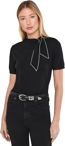 Short Sleeve Scarf Neck Tie Sweater