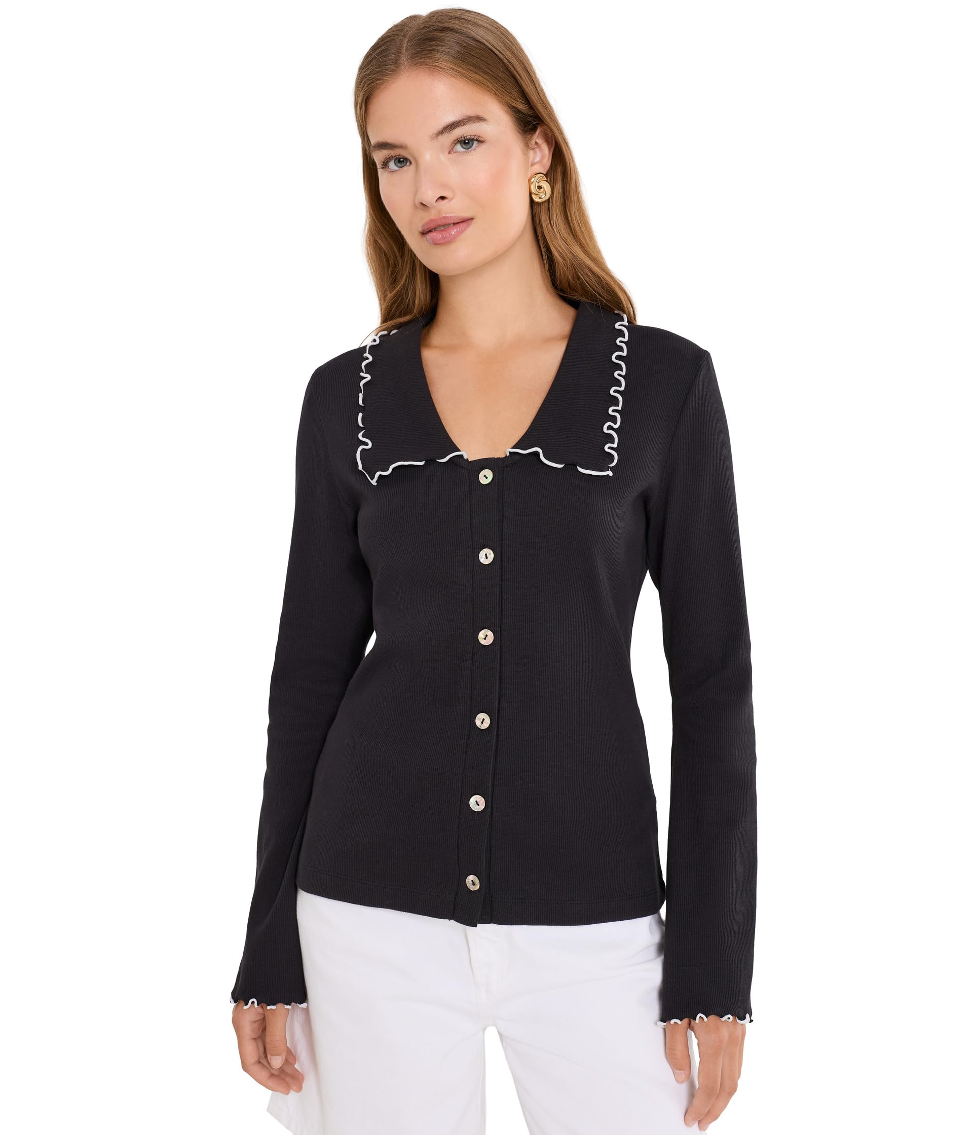 Lettuce Trim V-Neck Long Sleeve Button-Down