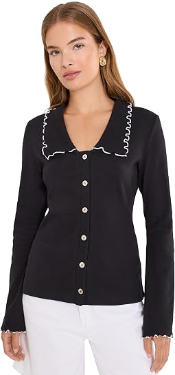 Lettuce Trim V-Neck Long Sleeve Button-Down