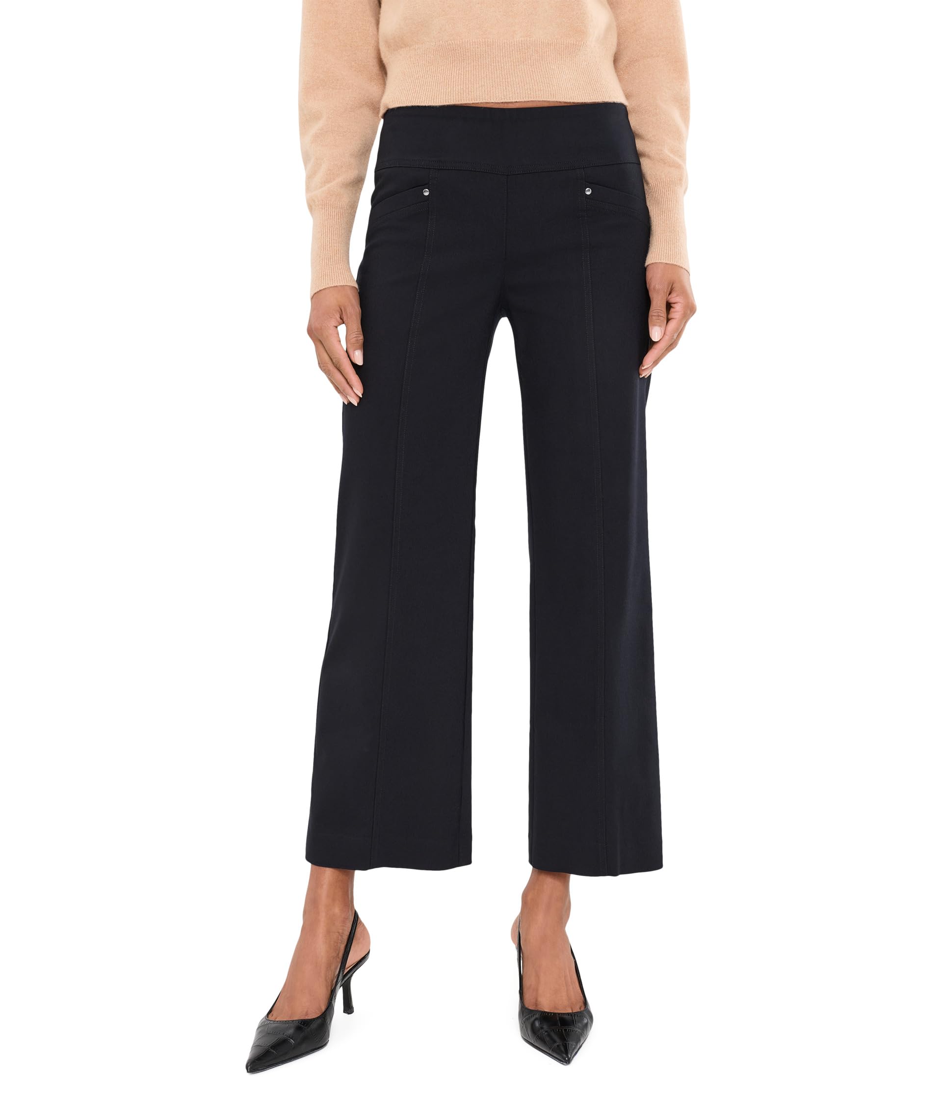Control Stretch Elastic Waist Pull-On Wide Leg Pants with Seam Detail and Grommet Trim