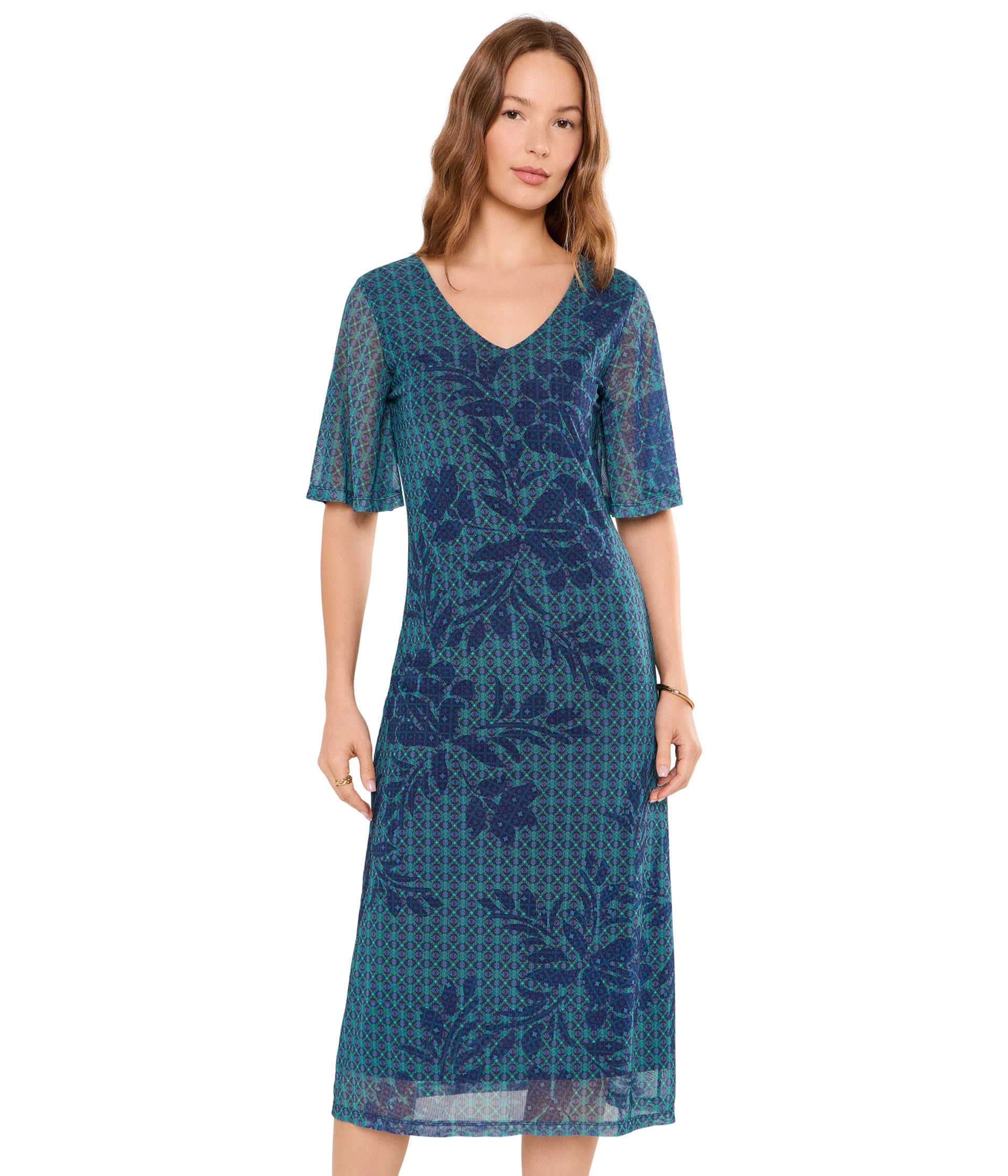 Double V-Neck Mesh Midi Dress
