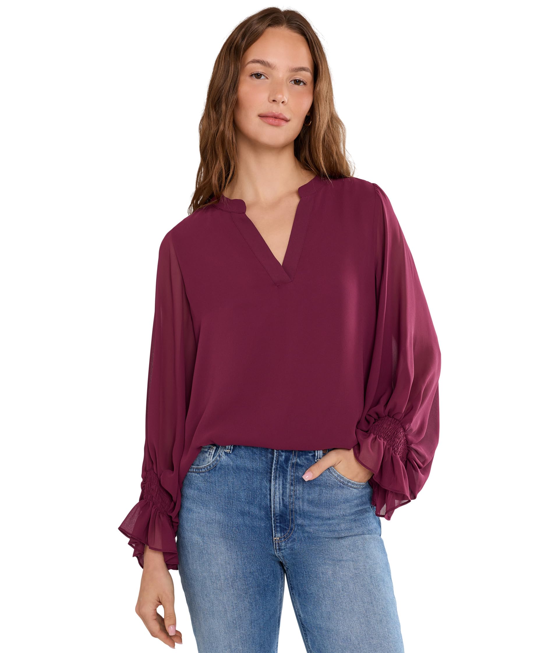 Split Neck Long Sleeve Blouse with Smocked Cuff