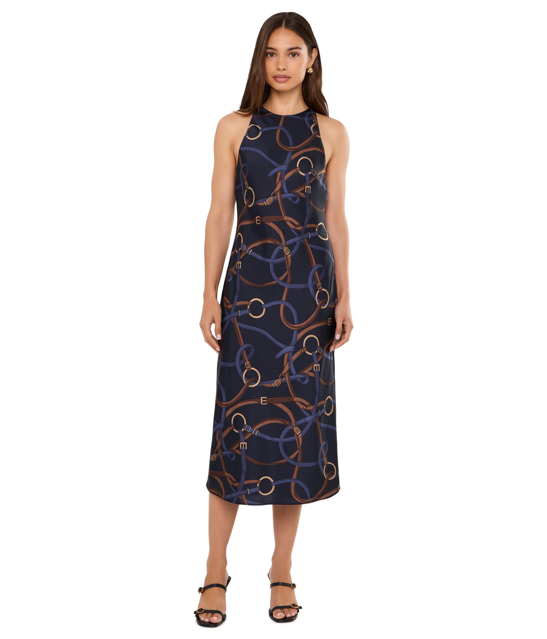 Belting-Print Twill Sleeveless Dress