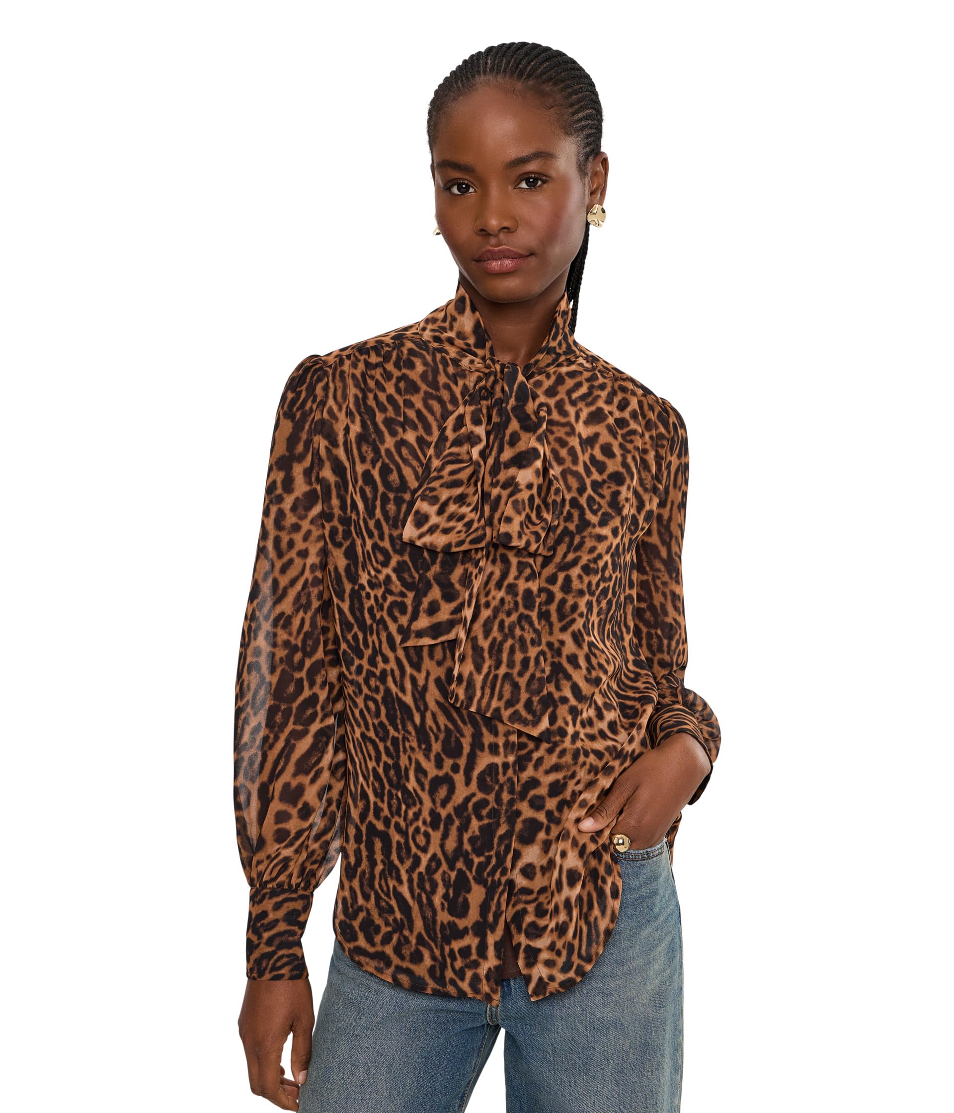 Ocelot-Print Chiffon Tie Neck Blouse