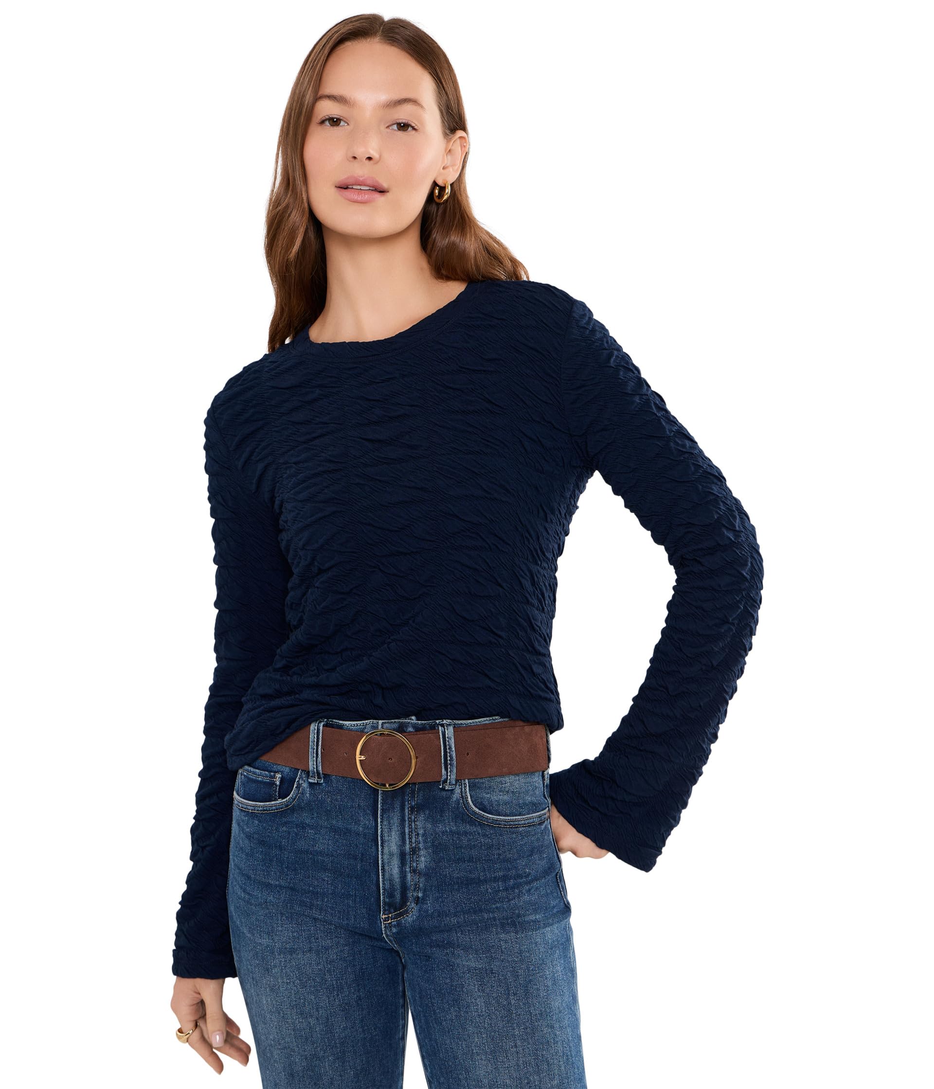 Long Flare Sleeve Crew Neck Knit Top