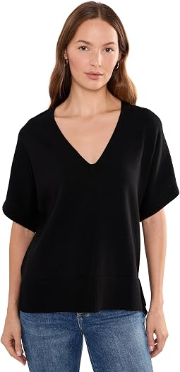 Short Sleeve V-Neck Dolman Popover Sweater with Step Hem