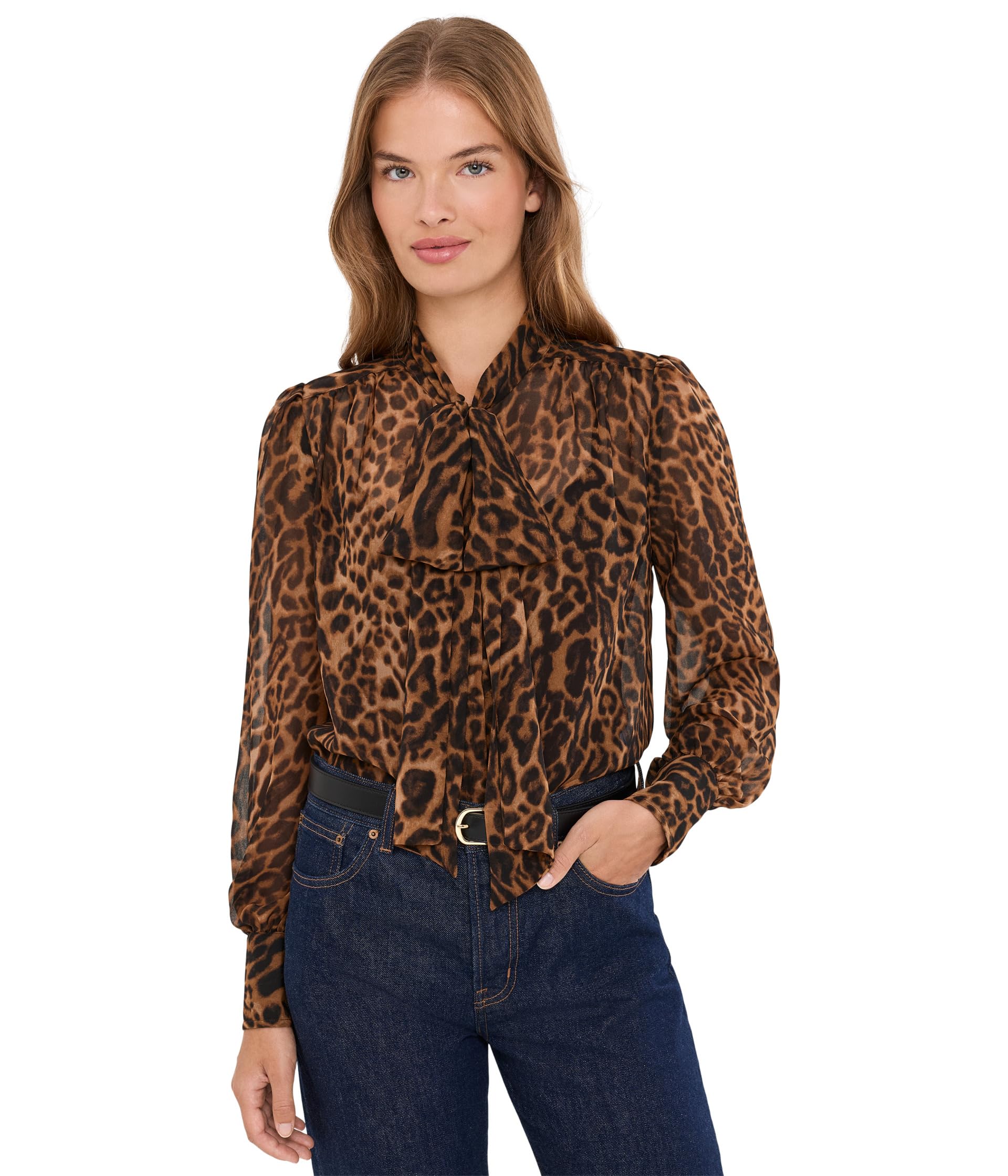 Petite Ocelot-Print Chiffon Tie Neck Blouse